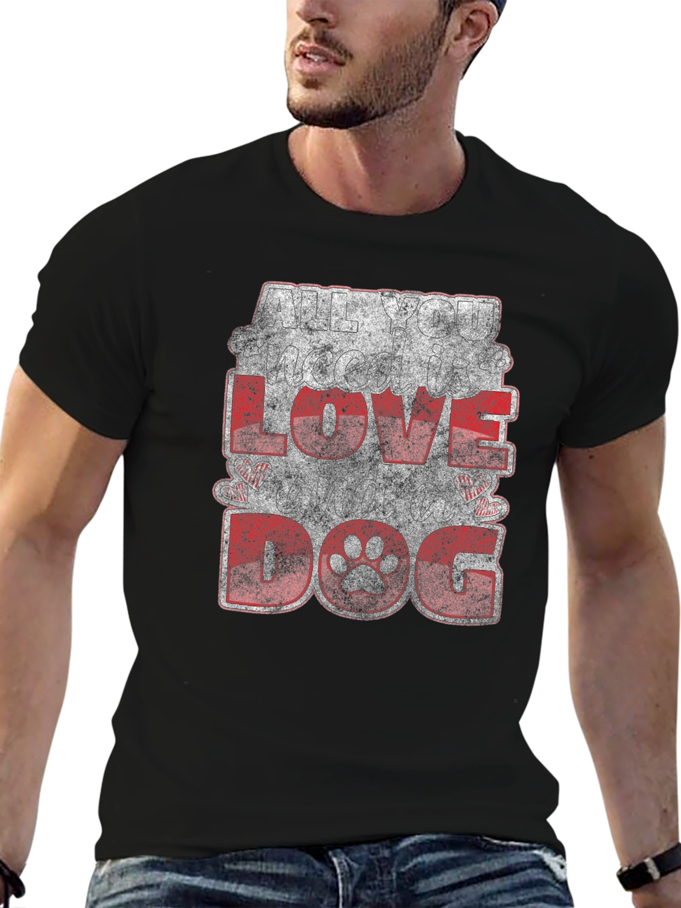 I Love Dog Graphic Print T-Shirt - Black