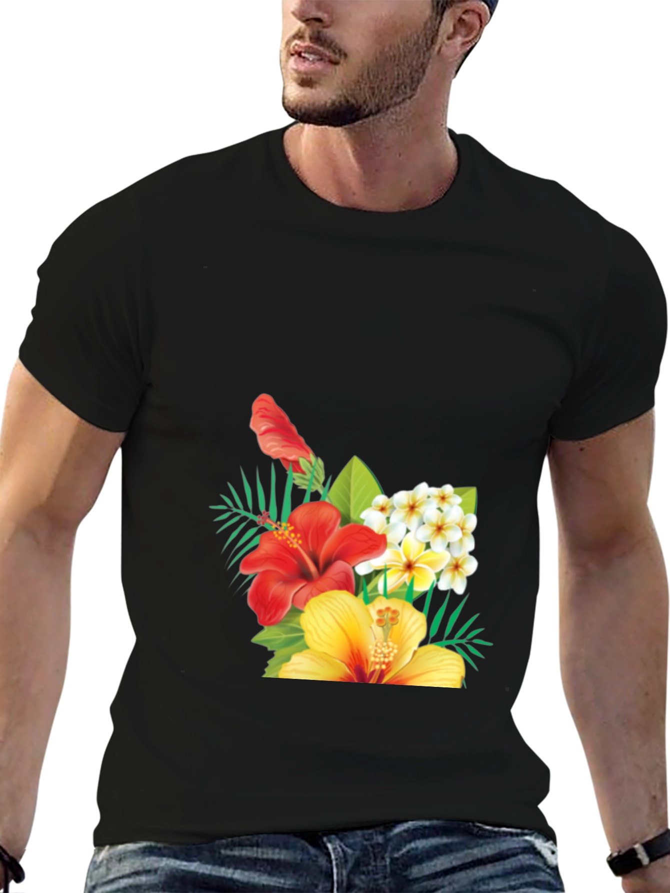 Tropical Floral Mens Black T-Shirt