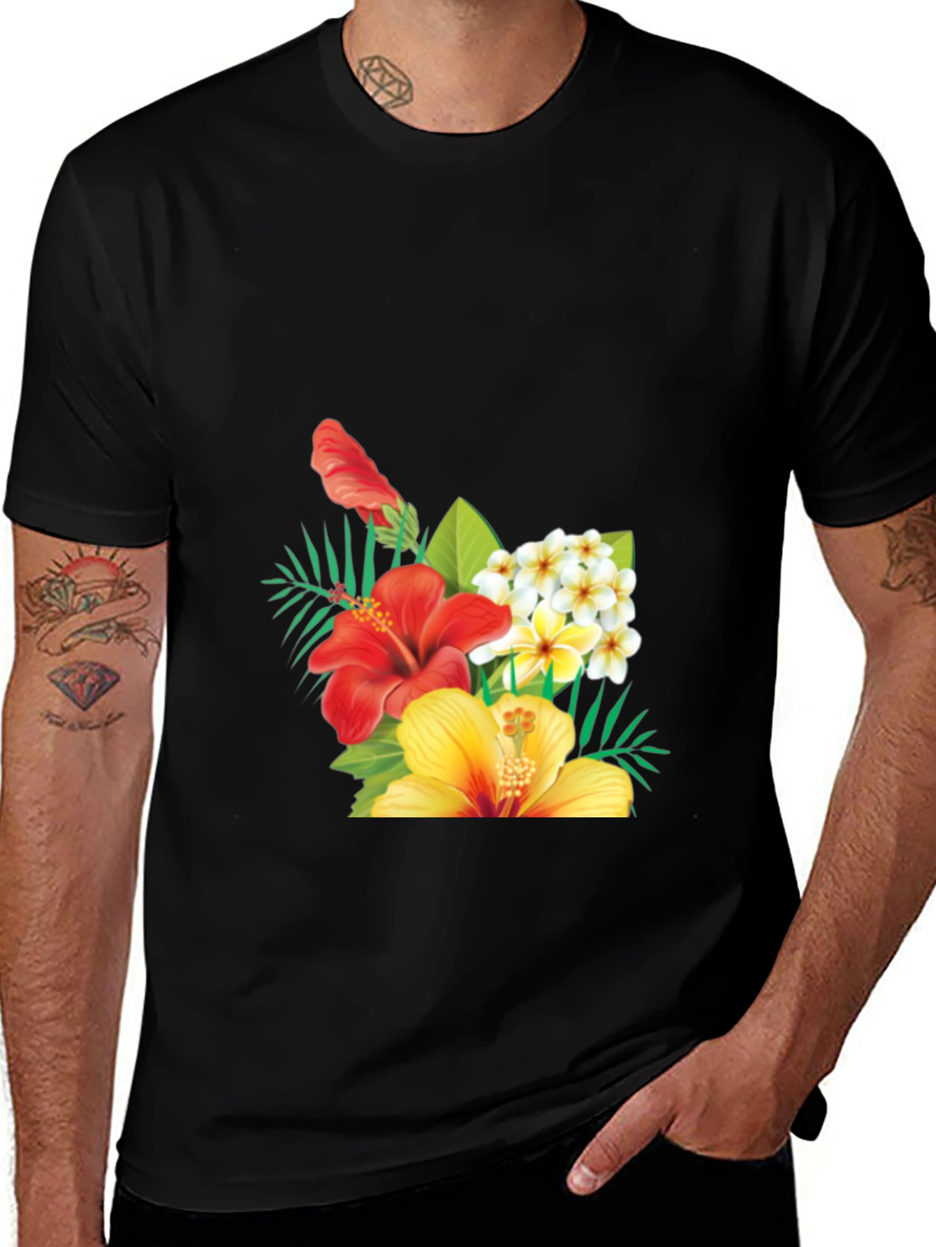 Tropical Floral Mens Black T-Shirt