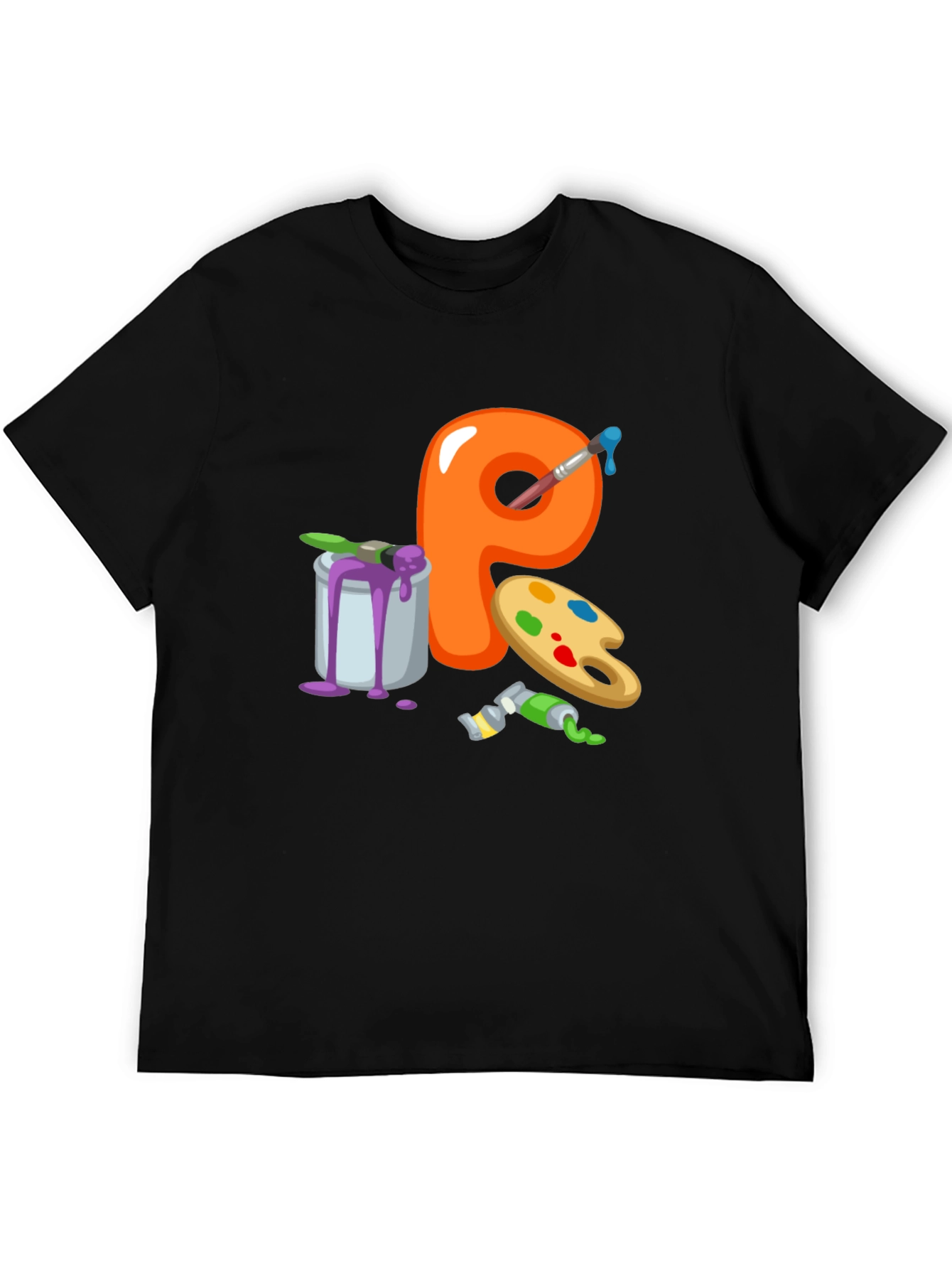 Artistic Letter P T-Shirt - Black Cotton Graphic Tee