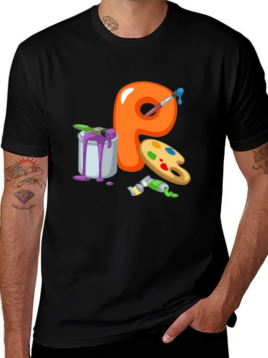 Artistic Letter P T-Shirt - Black Cotton Graphic Tee
