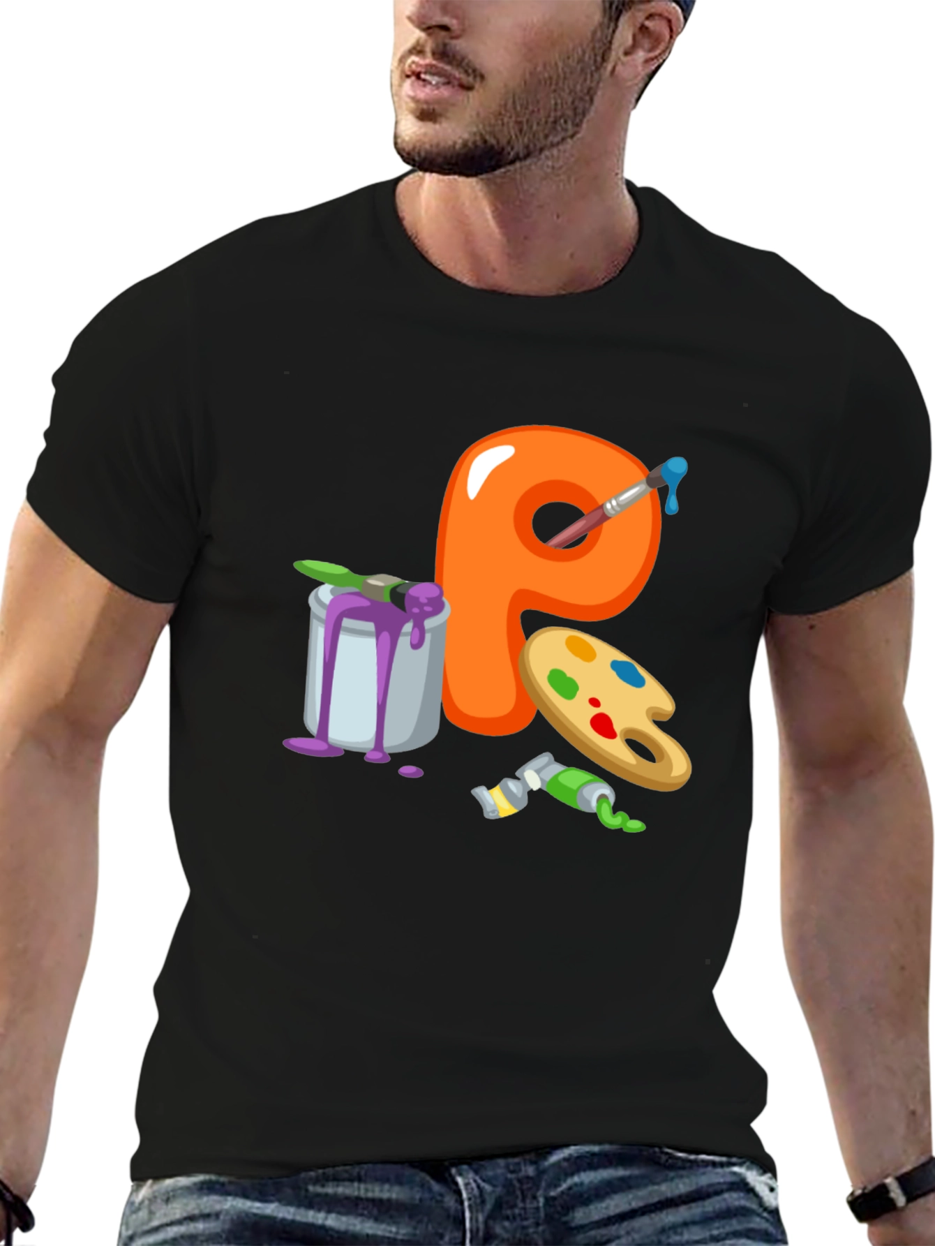 Artistic Letter P T-Shirt - Black Cotton Graphic Tee