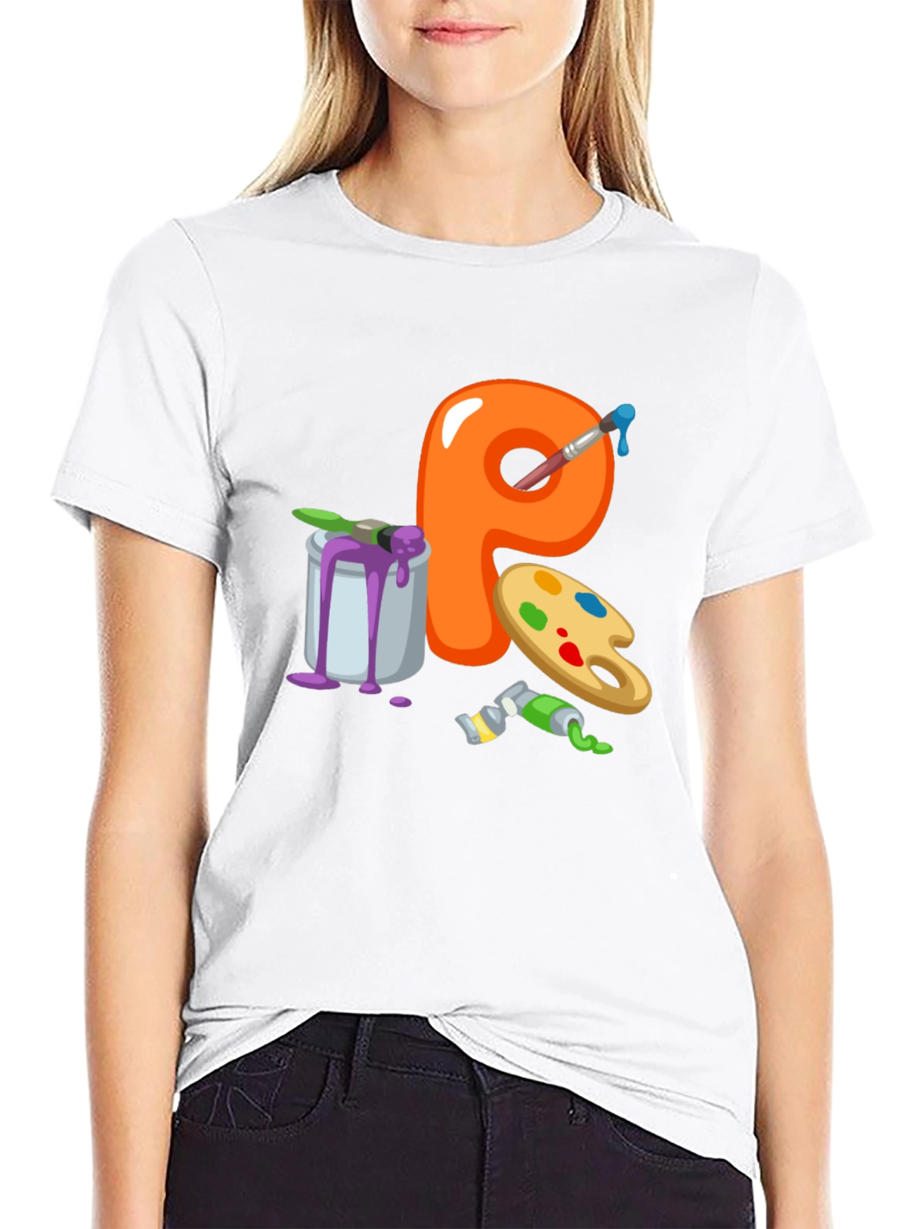 Artistic Letter P T-Shirt - Black Cotton Graphic Tee
