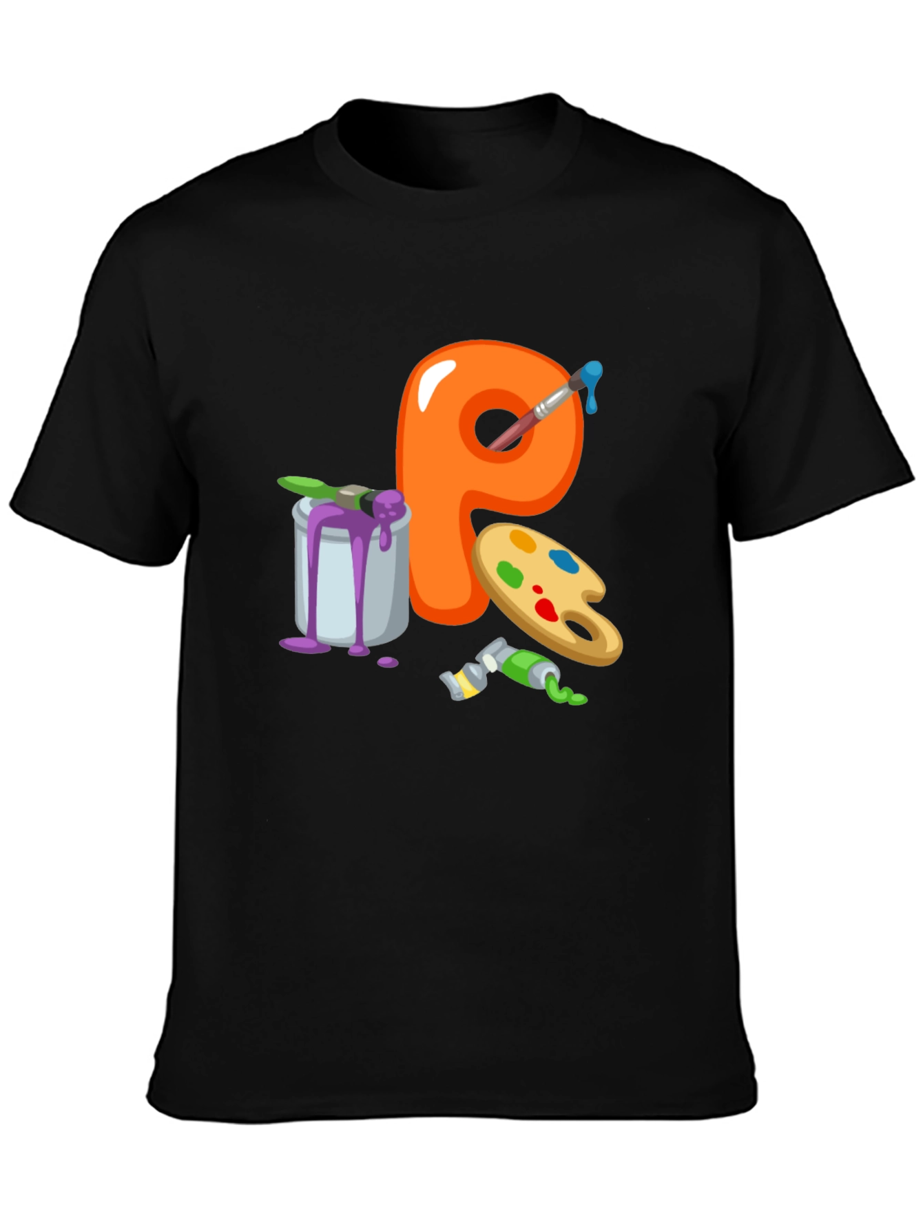 Artistic Letter P T-Shirt - Black Cotton Graphic Tee