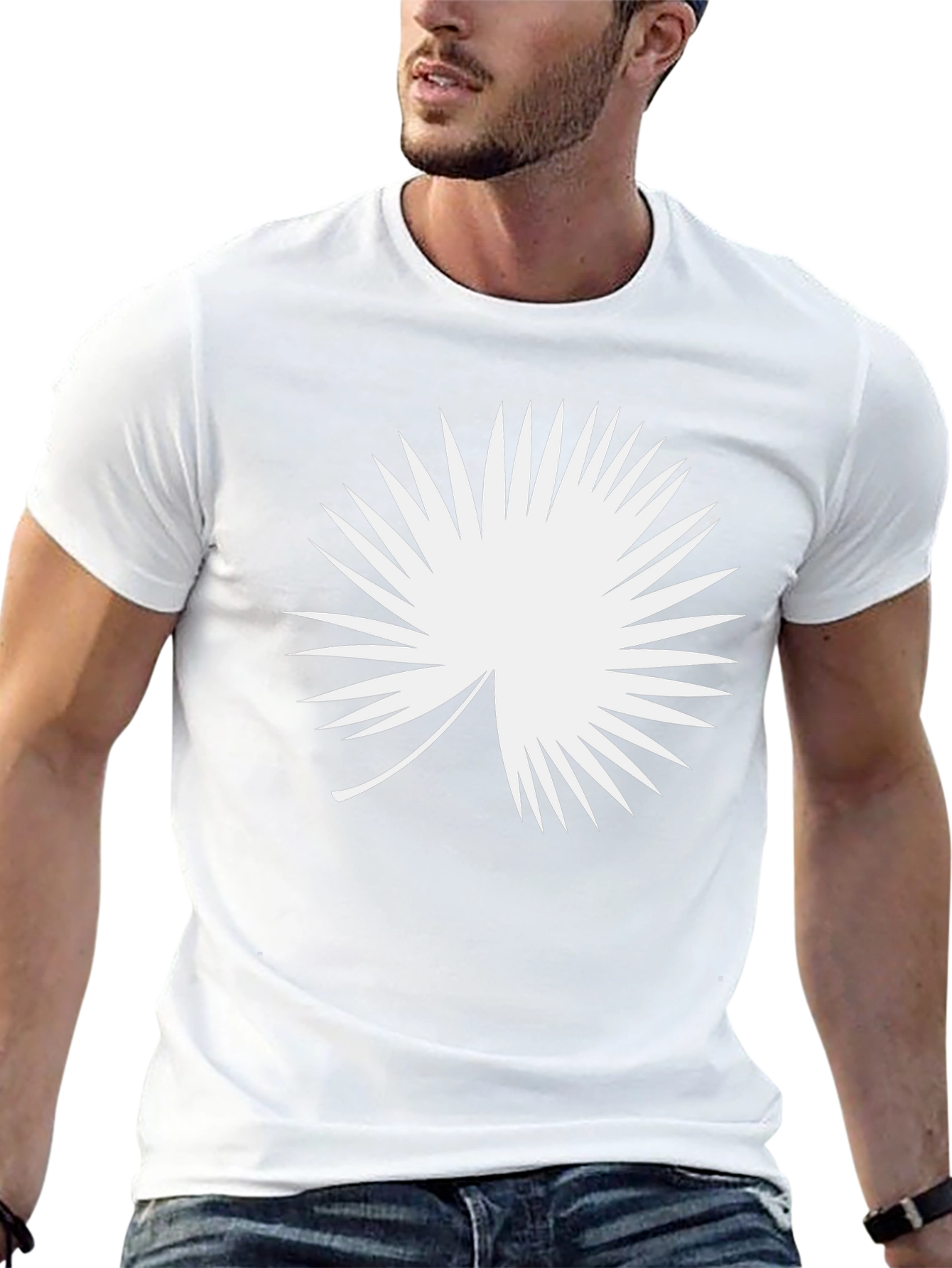 Modern Black T-Shirt with White Palm Leaf Design