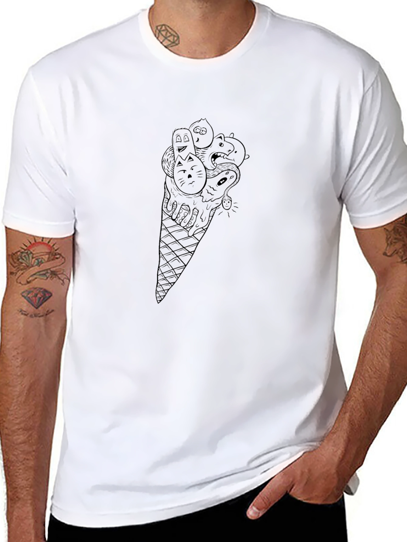 Mens Black Graphic Tee - Ice Cream Cone Design