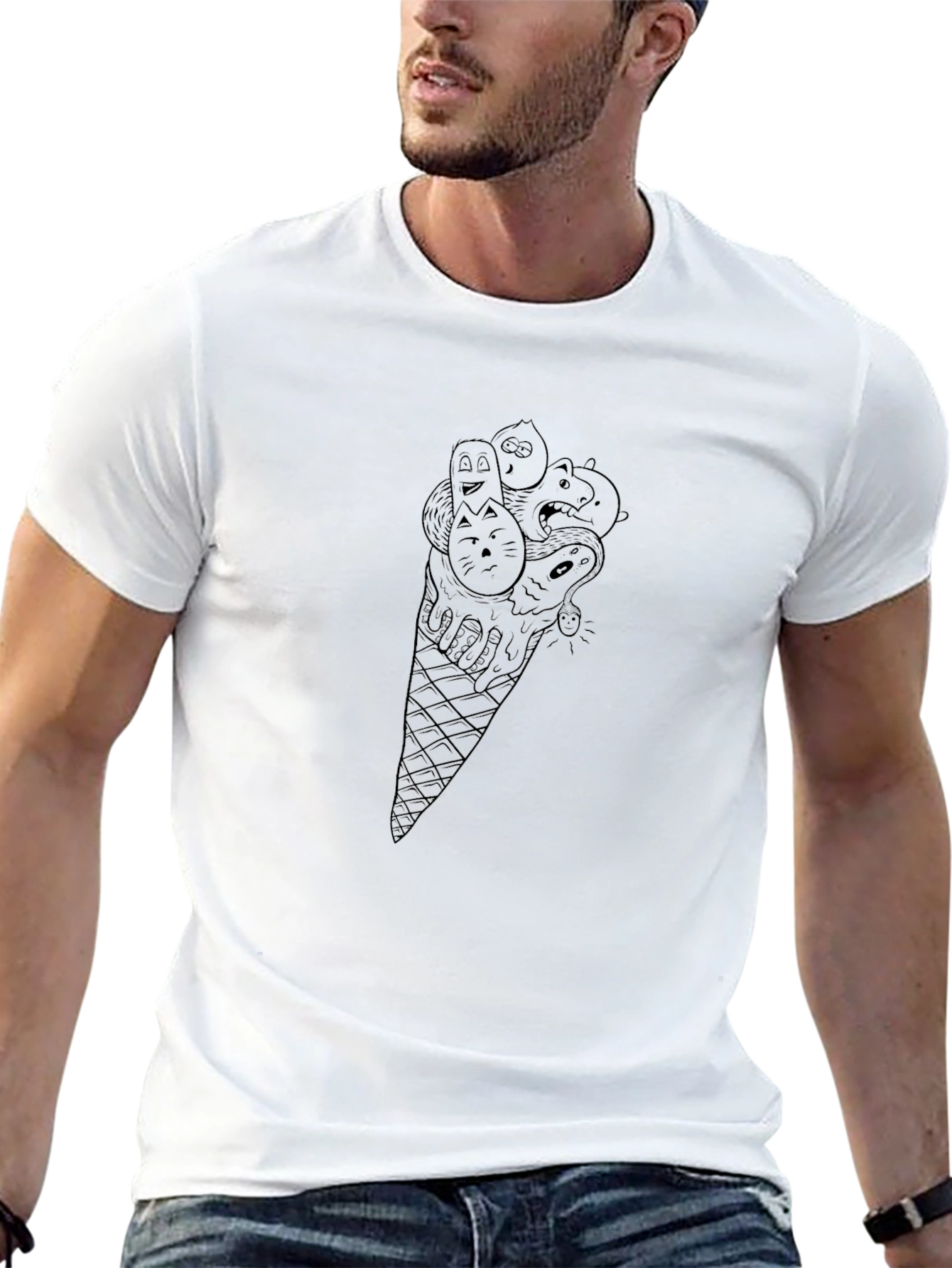 Mens Black Graphic Tee - Ice Cream Cone Design