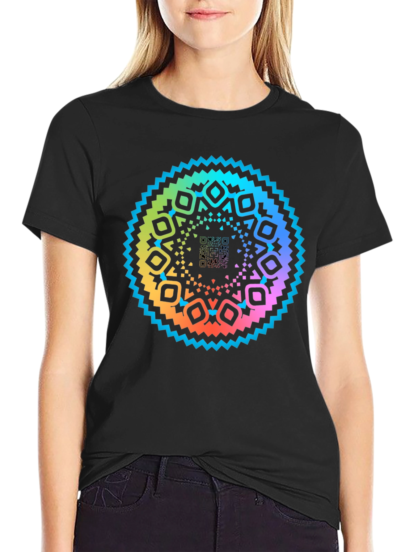 Rainbow Mandala QR Code Black T-Shirt