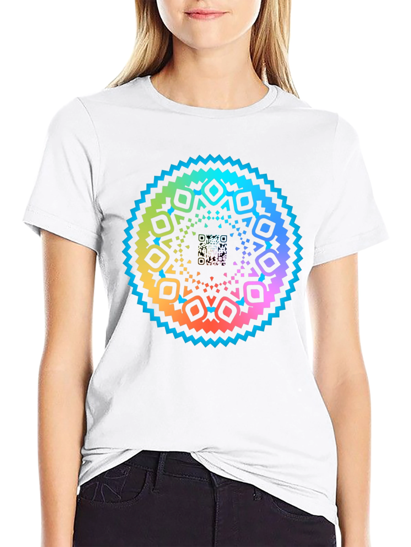 Rainbow Mandala QR Code Black T-Shirt