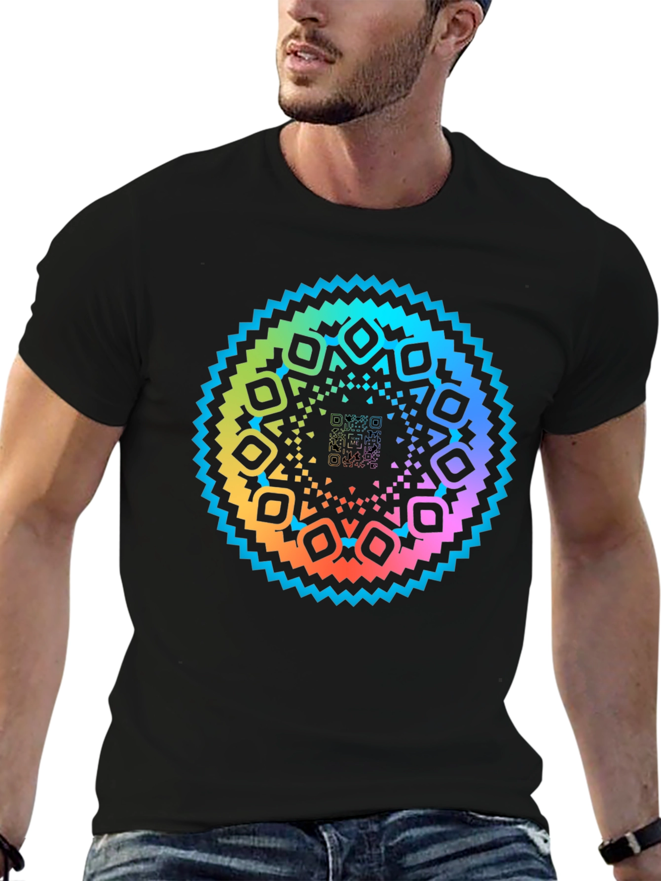 Rainbow Mandala QR Code Black T-Shirt