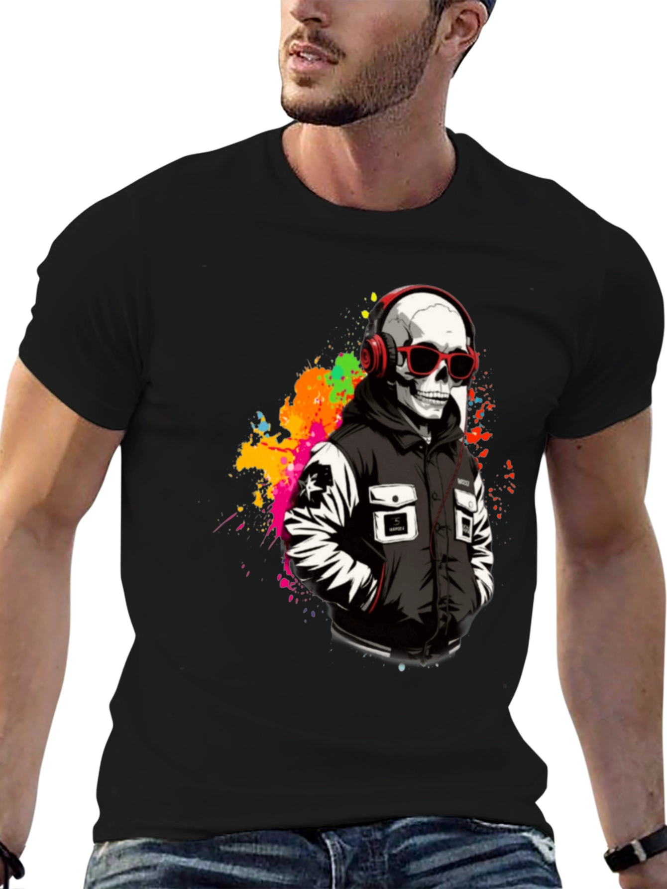 Skull in Headphones Graphic T-Shirt