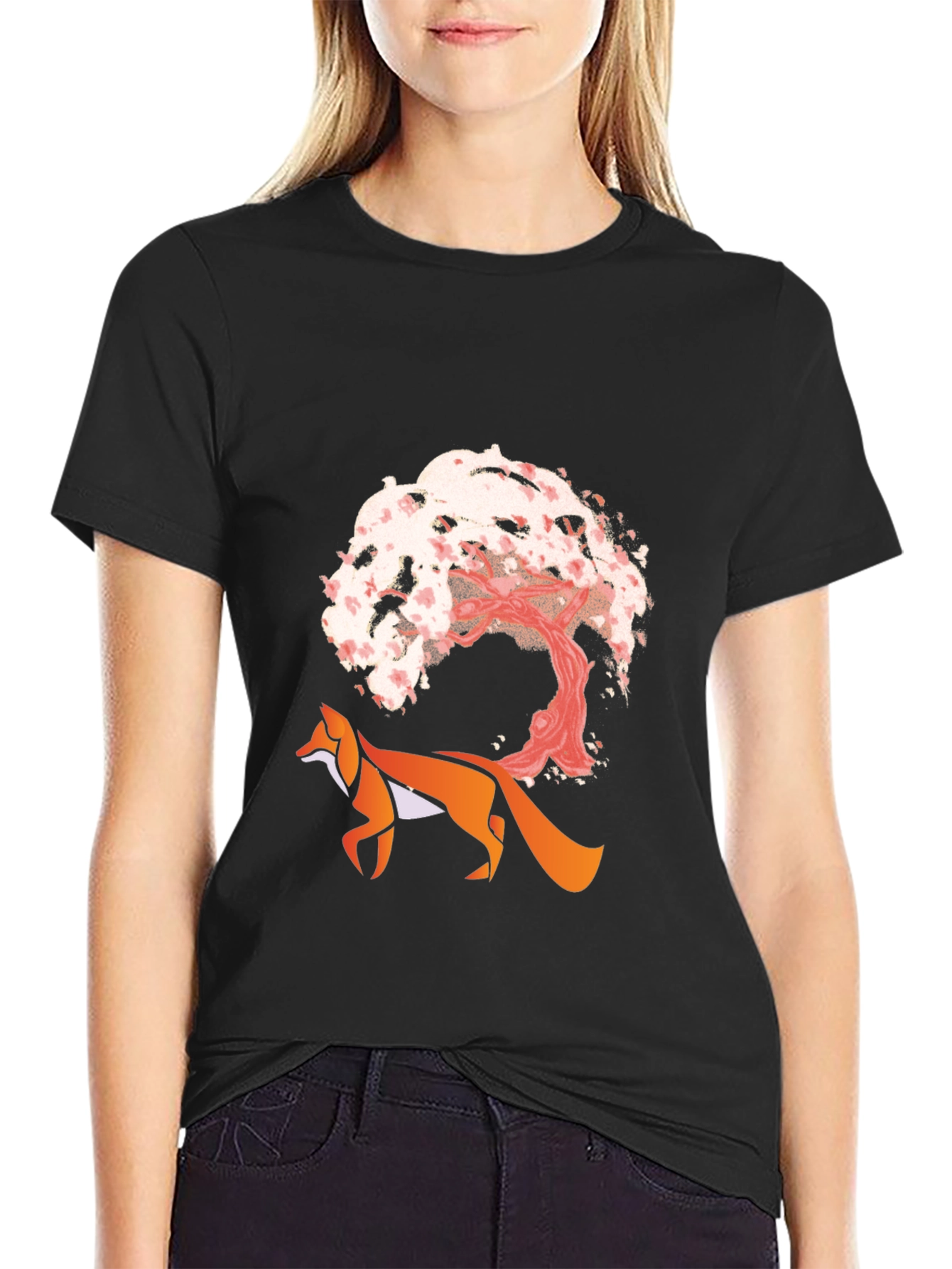 Fox & Cherry Blossom Graphic Tee - Unique Design