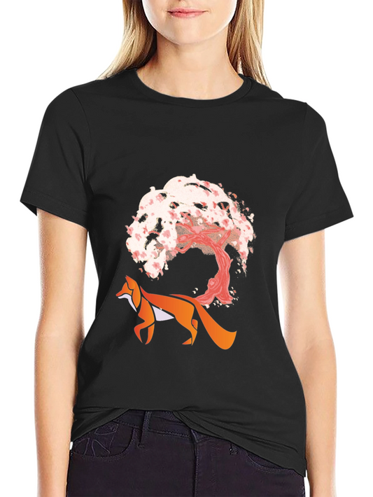 Fox & Cherry Blossom Graphic Tee - Unique Design