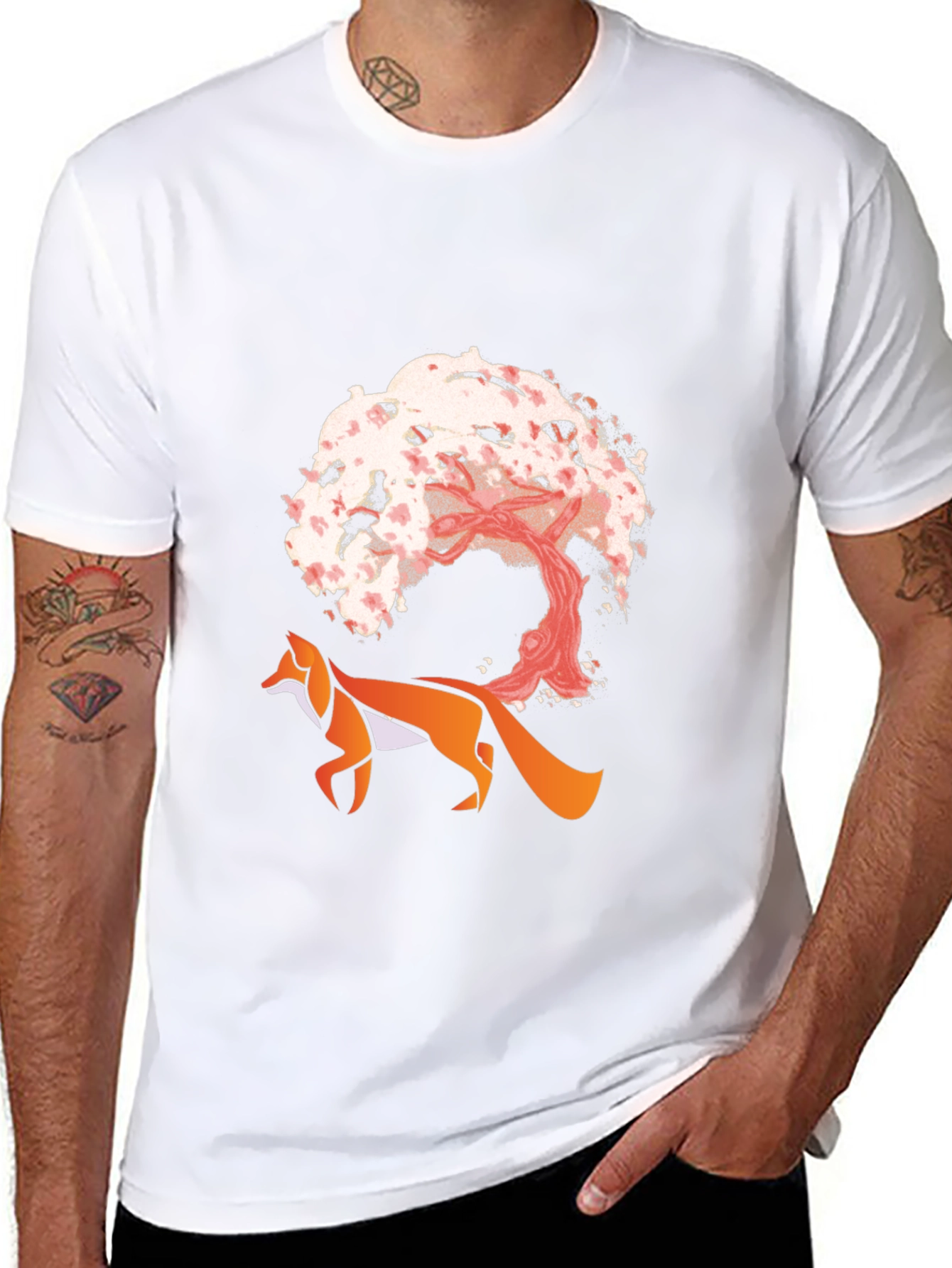 Fox & Cherry Blossom Graphic Tee - Unique Design