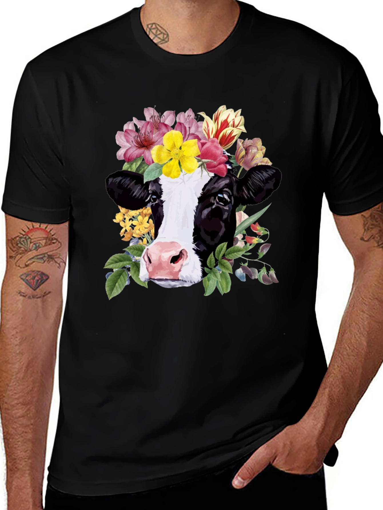 Floral Cow Graphic Tee - Unisex Black T-Shirt