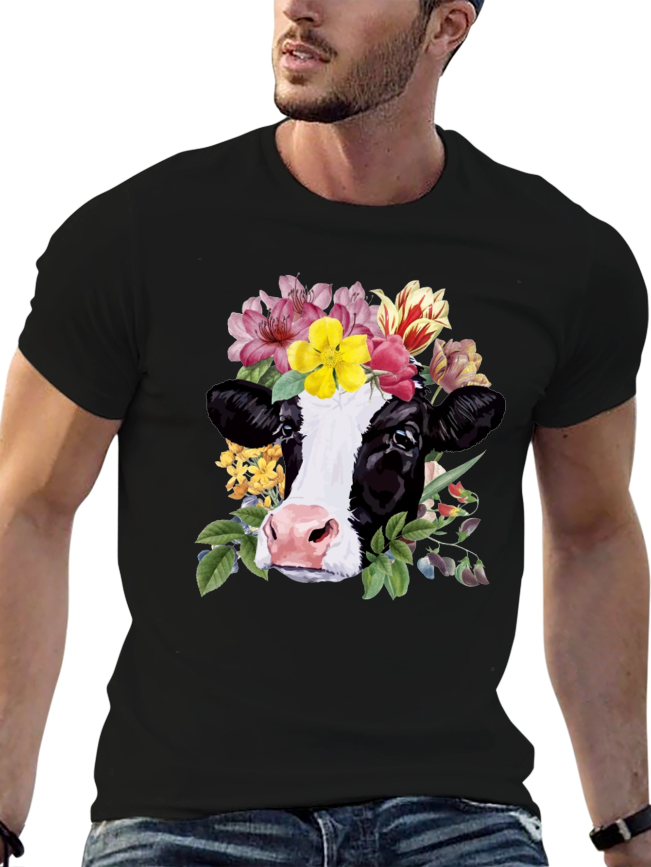 Floral Cow Graphic Tee - Unisex Black T-Shirt