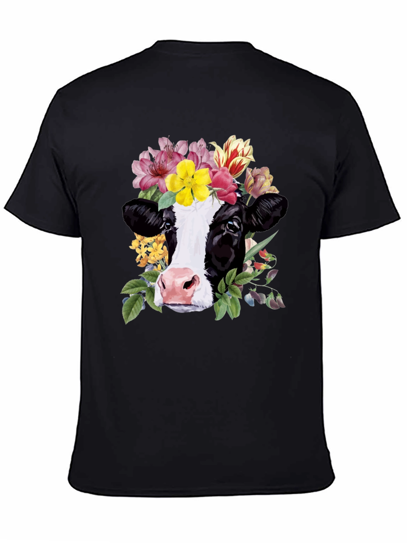 Floral Cow Graphic Tee - Unisex Black T-Shirt