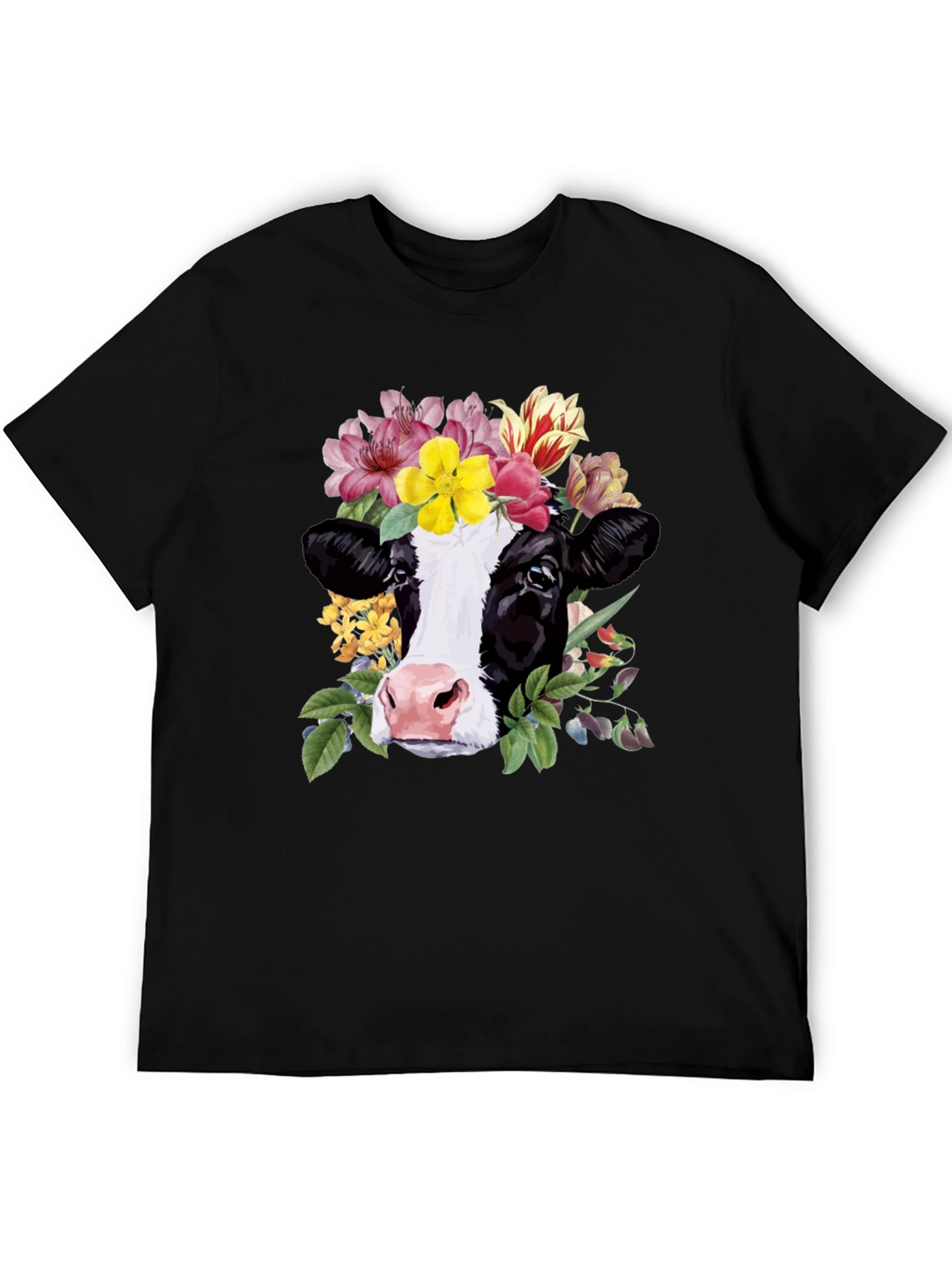 Floral Cow Graphic Tee - Unisex Black T-Shirt