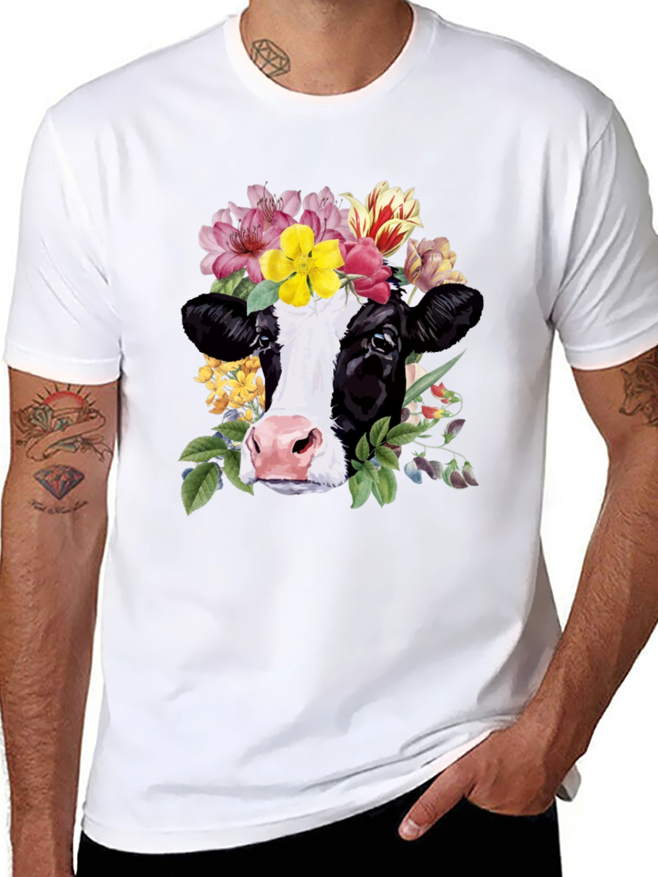 Floral Cow Graphic Tee - Unisex Black T-Shirt