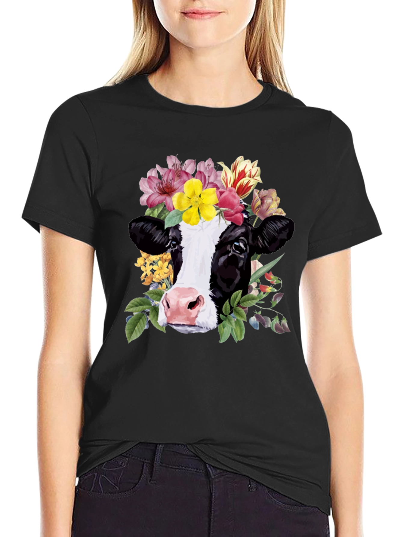 Floral Cow Graphic Tee - Unisex Black T-Shirt