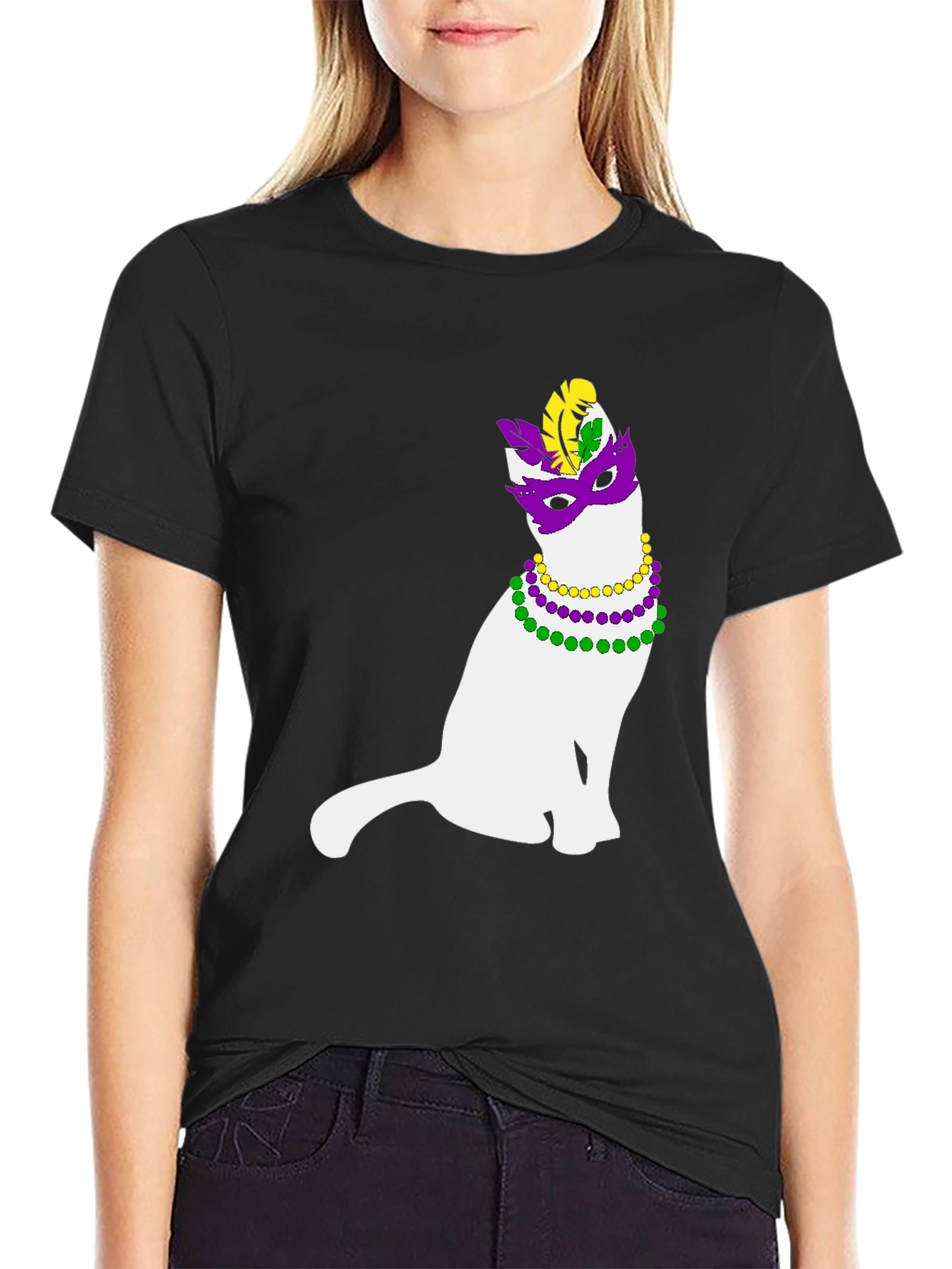 Mardi Gras Cat Graphic Tee - Unisex Black T-Shirt