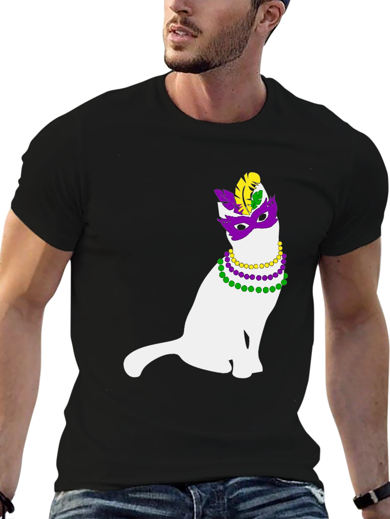 Mardi Gras Cat Graphic Tee - Unisex Black T-Shirt