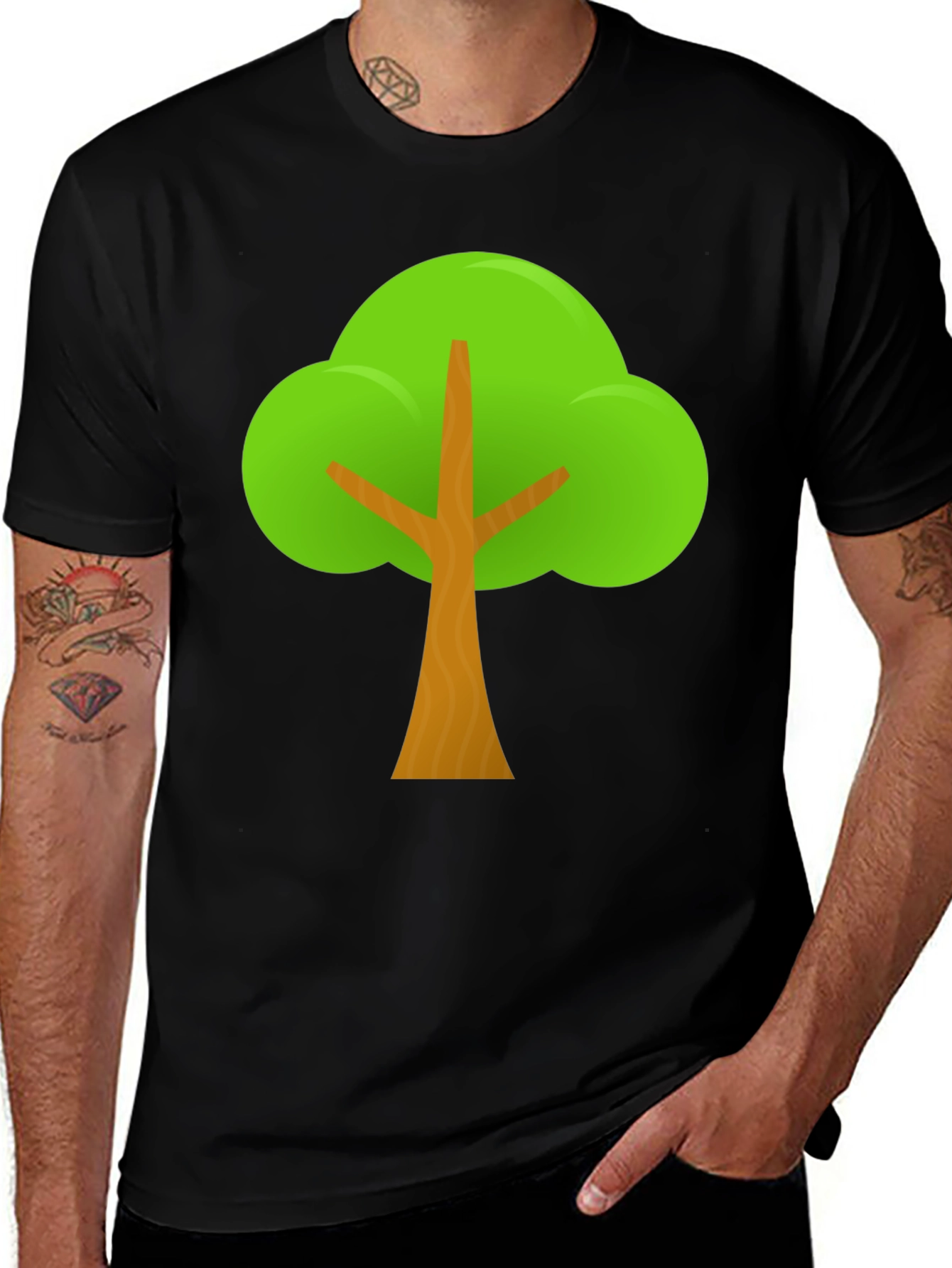 Cartoon Tree Graphic Tee - Black Casual T-Shirt