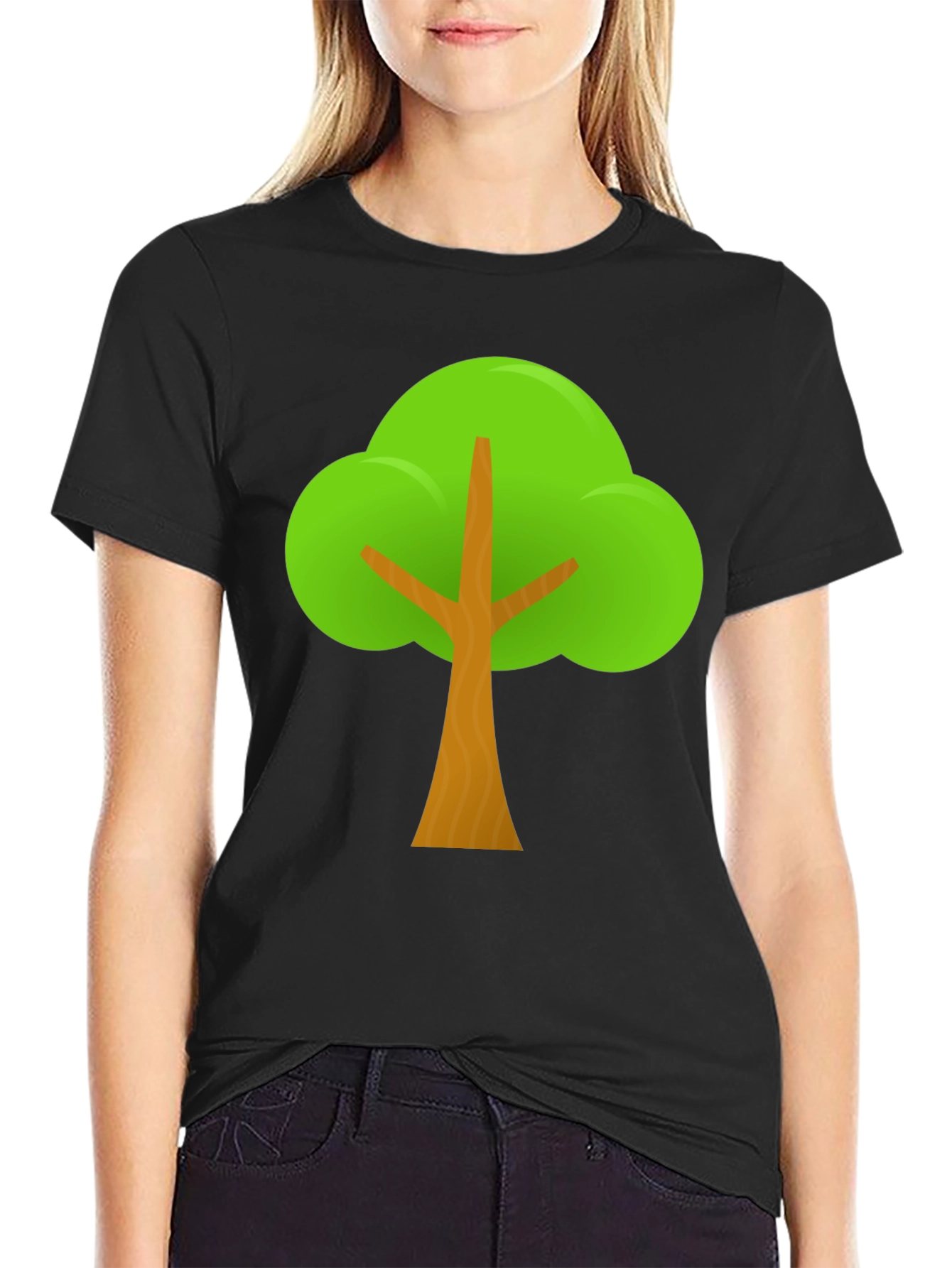 Cartoon Tree Graphic Tee - Black Casual T-Shirt