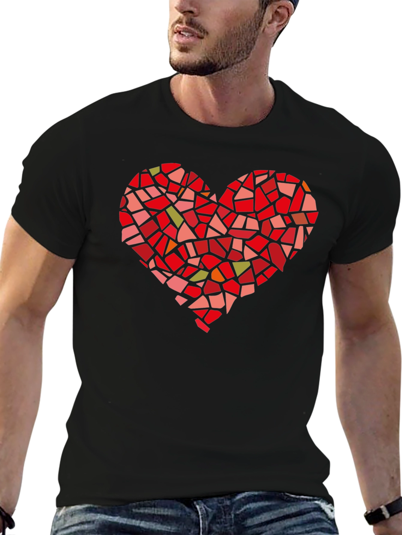 Mosaic Heart Graphic Tee - Black Cotton T-Shirt