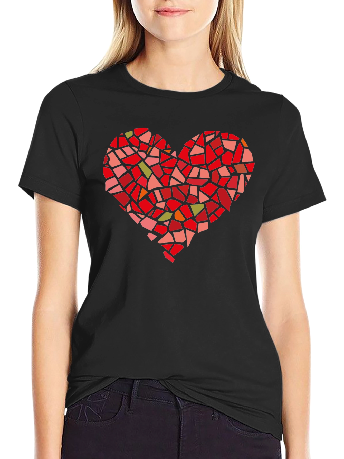 Mosaic Heart Graphic Tee - Black Cotton T-Shirt
