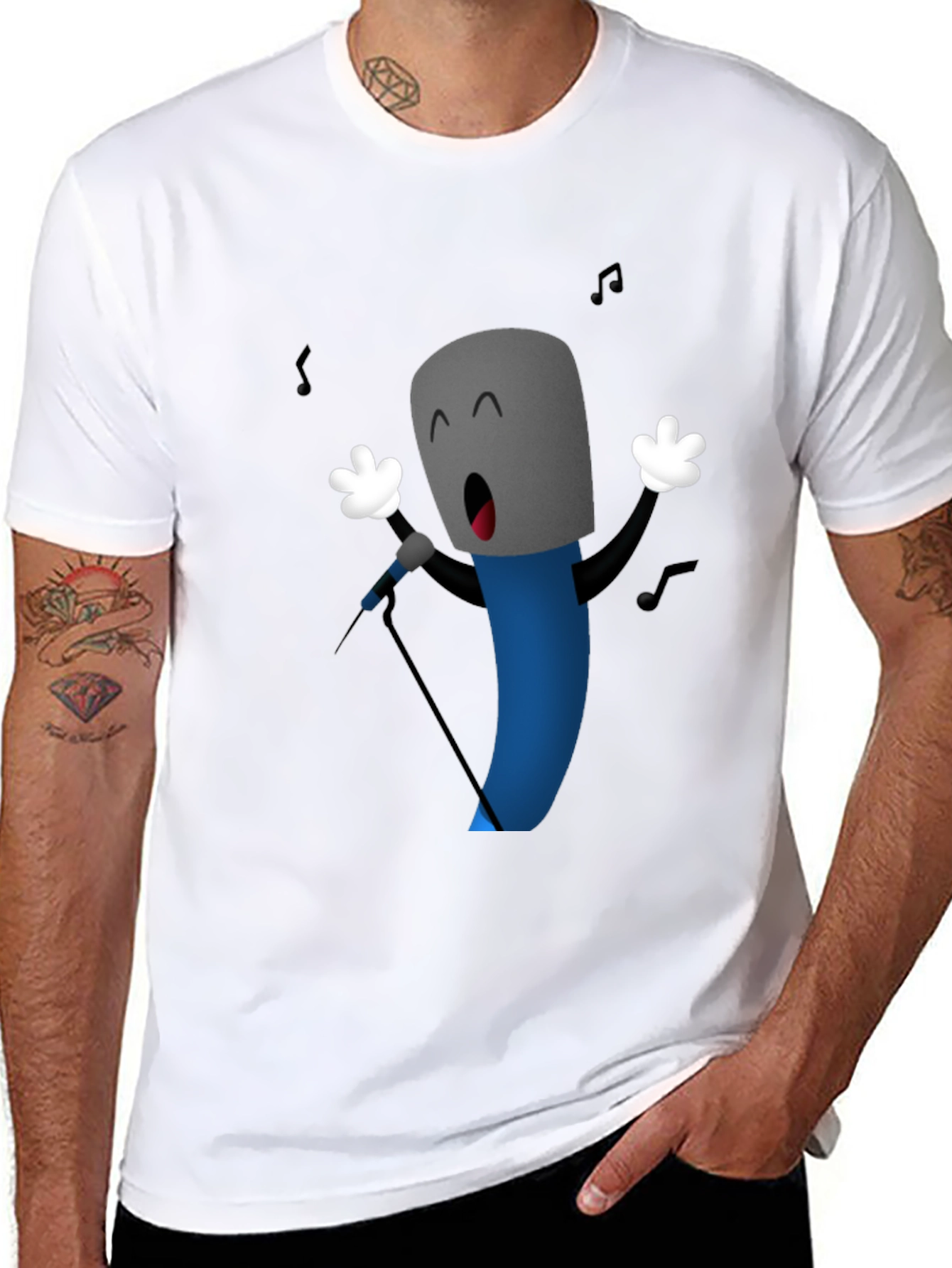 Singing Microphone Cartoon Graphic Black T-Shirt