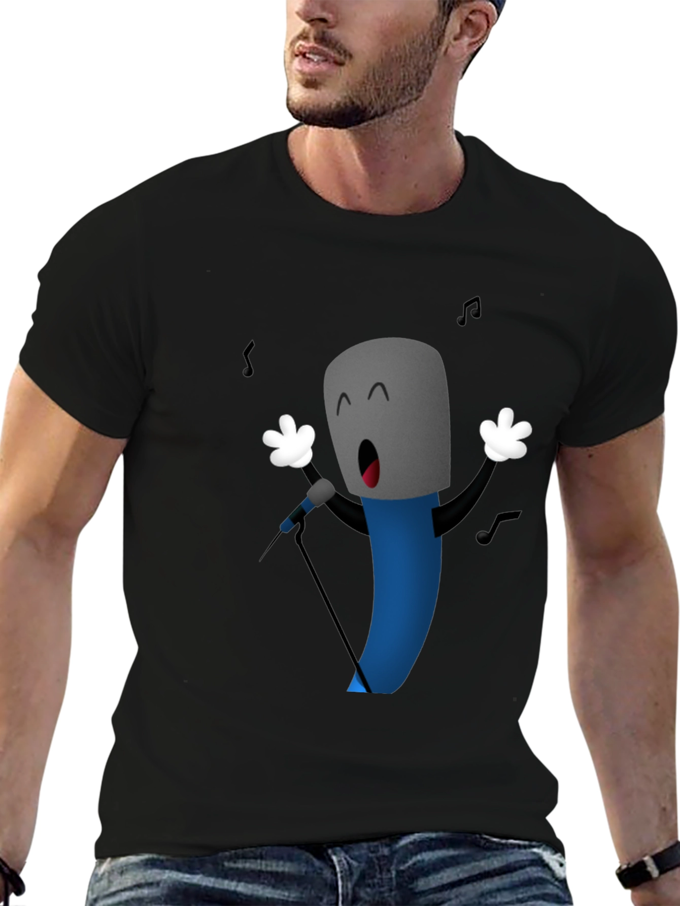 Singing Microphone Cartoon Graphic Black T-Shirt