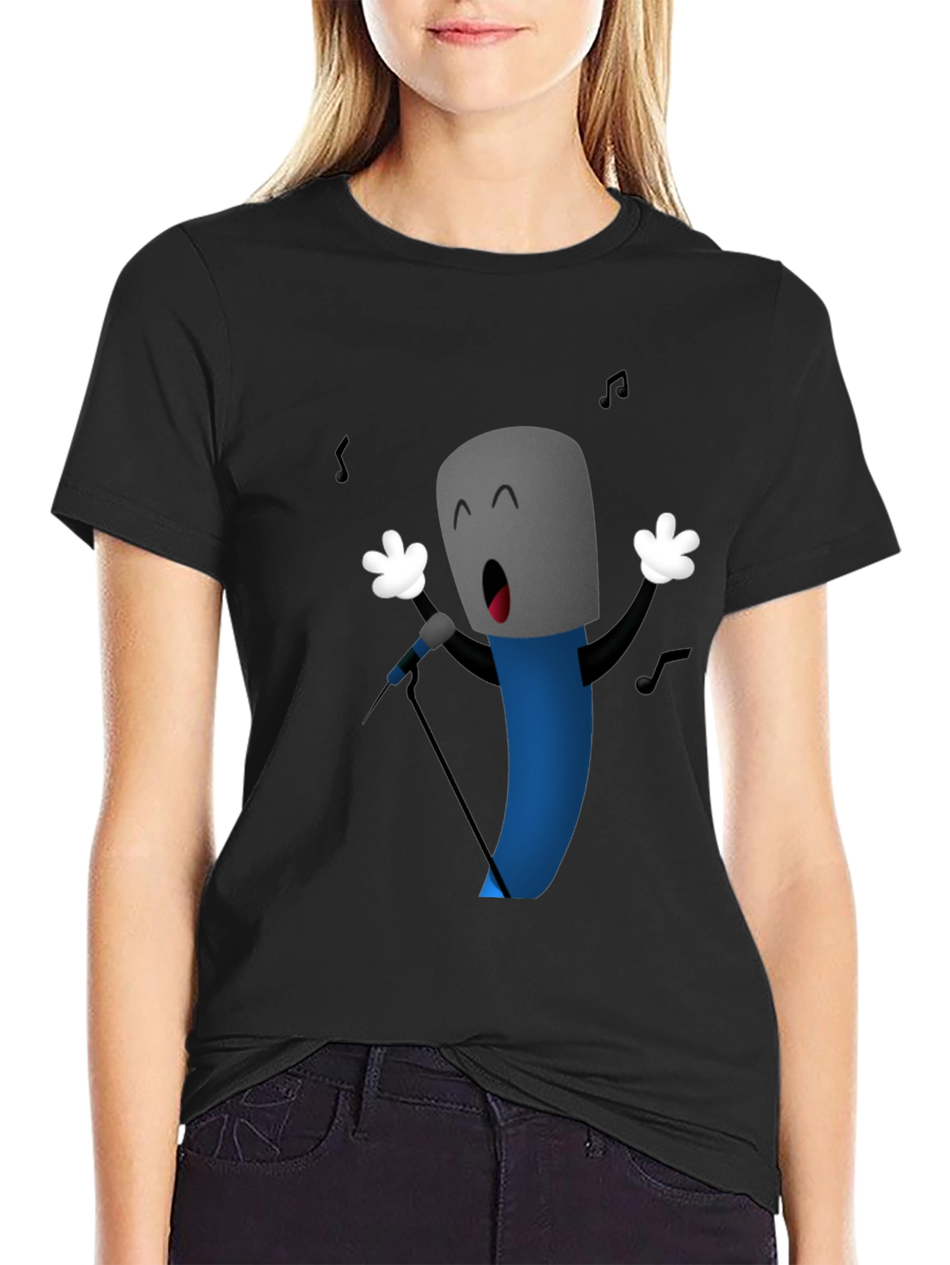 Singing Microphone Cartoon Graphic Black T-Shirt