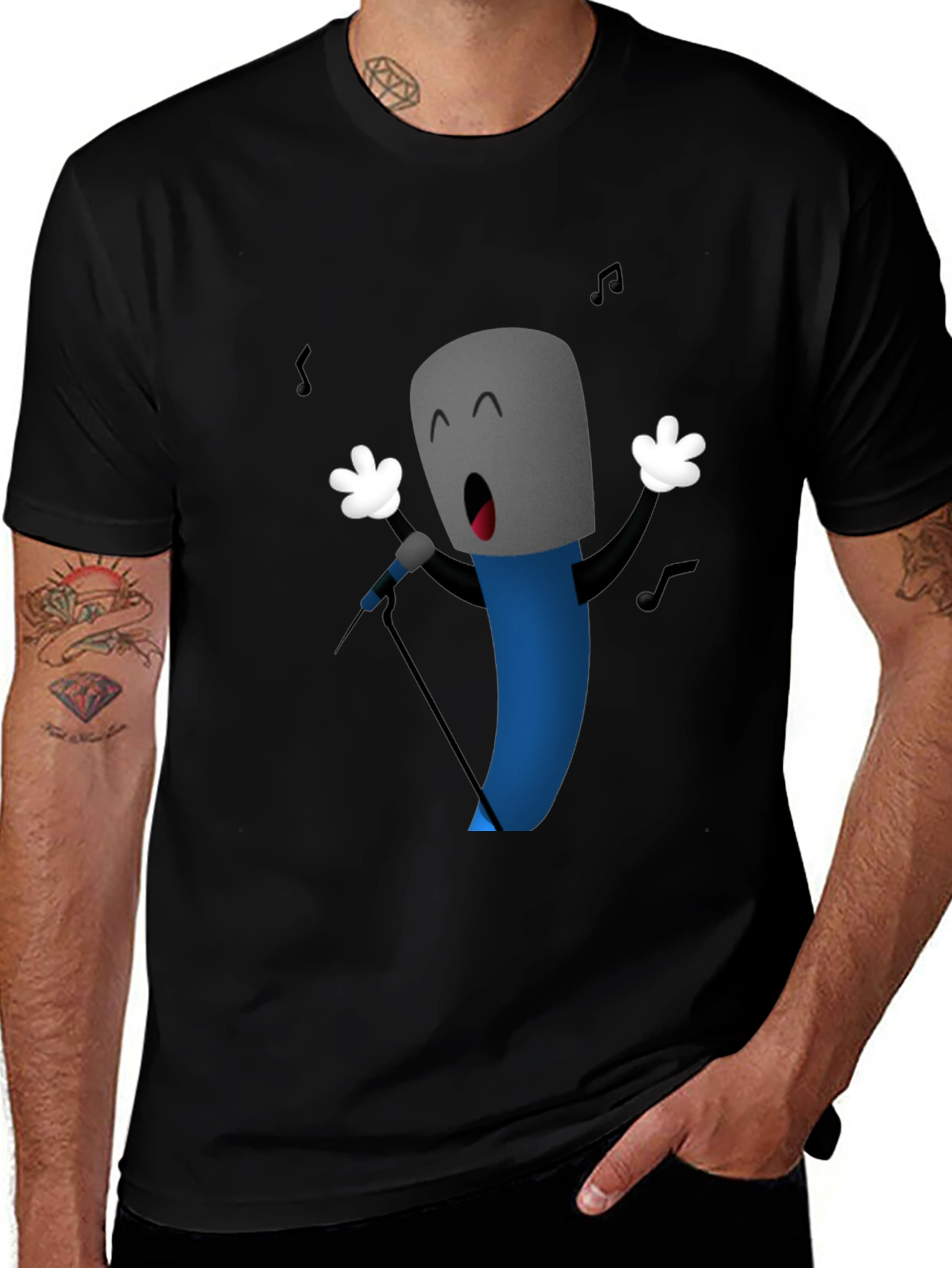 Singing Microphone Cartoon Graphic Black T-Shirt