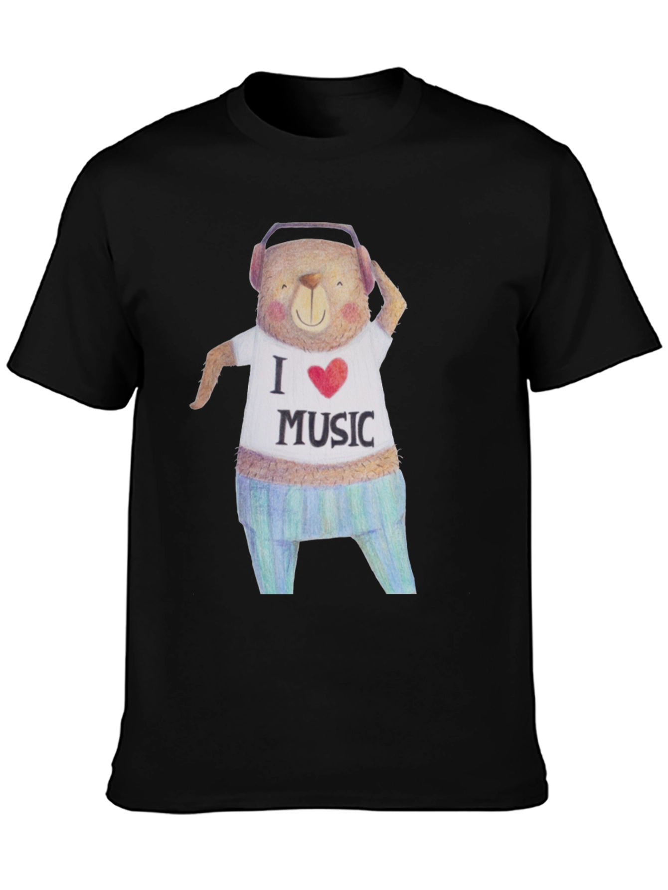 Musical Bear Graphic Tee - Black Cotton T-Shirt