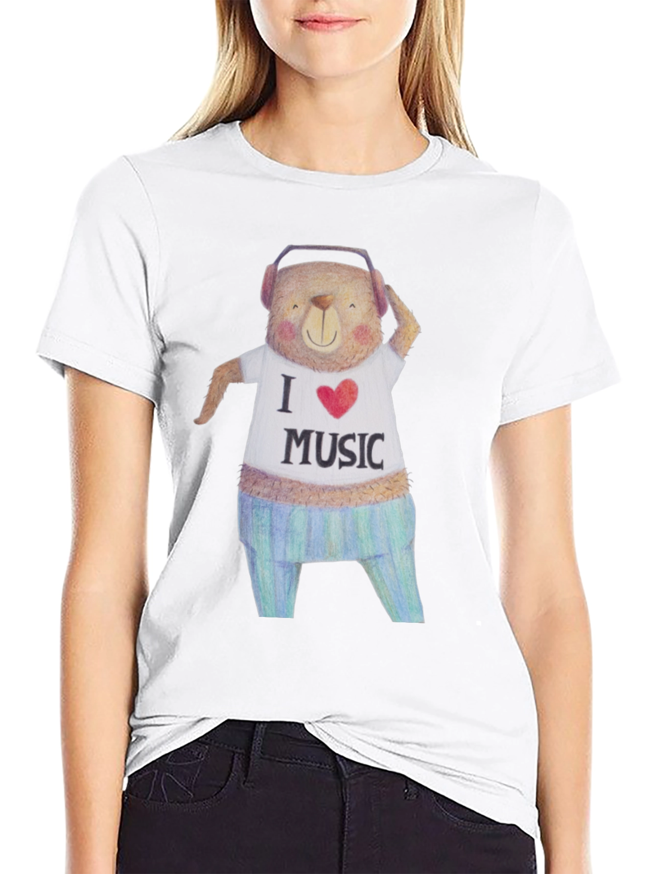 Musical Bear Graphic Tee - Black Cotton T-Shirt