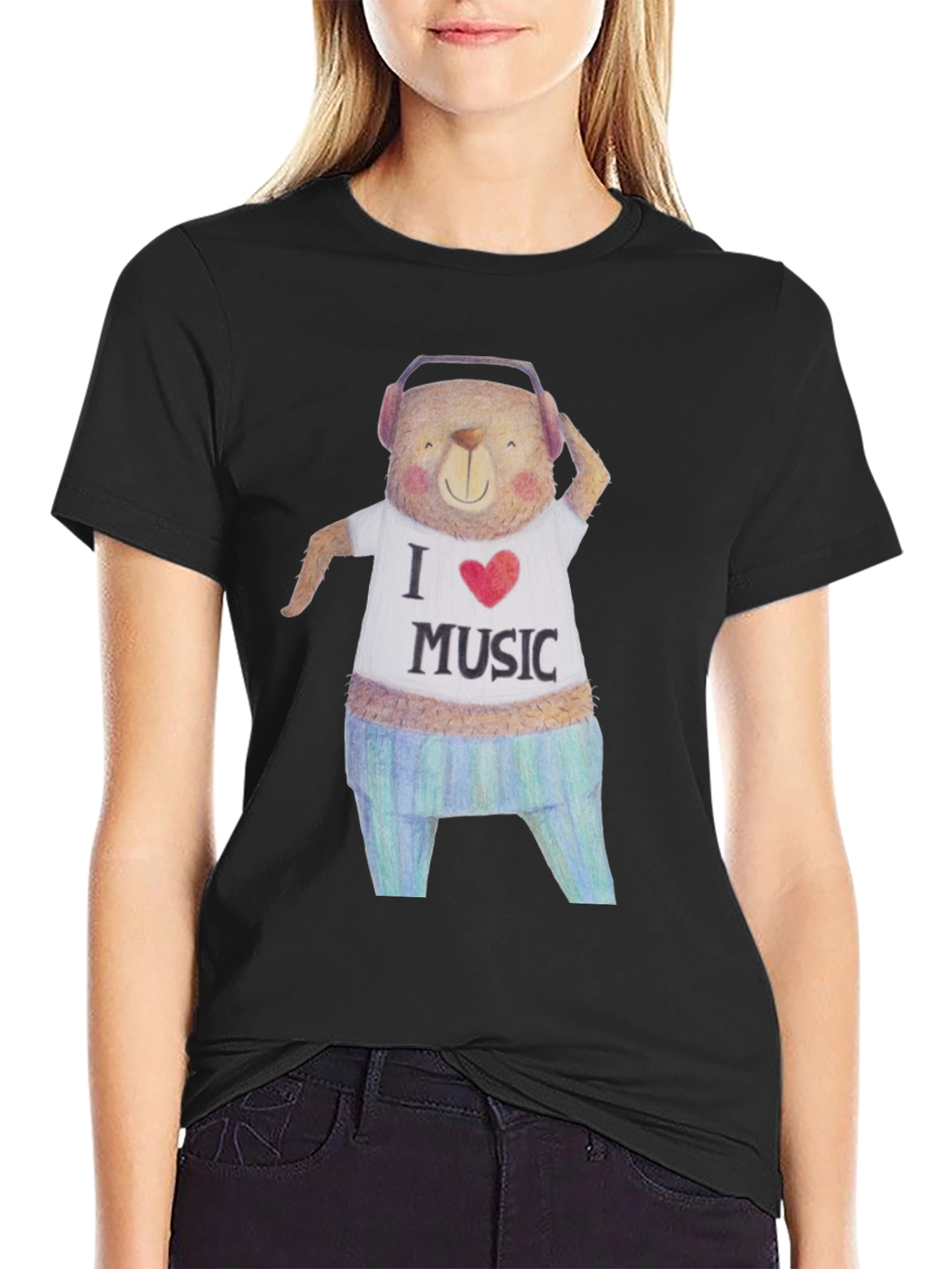Musical Bear Graphic Tee - Black Cotton T-Shirt