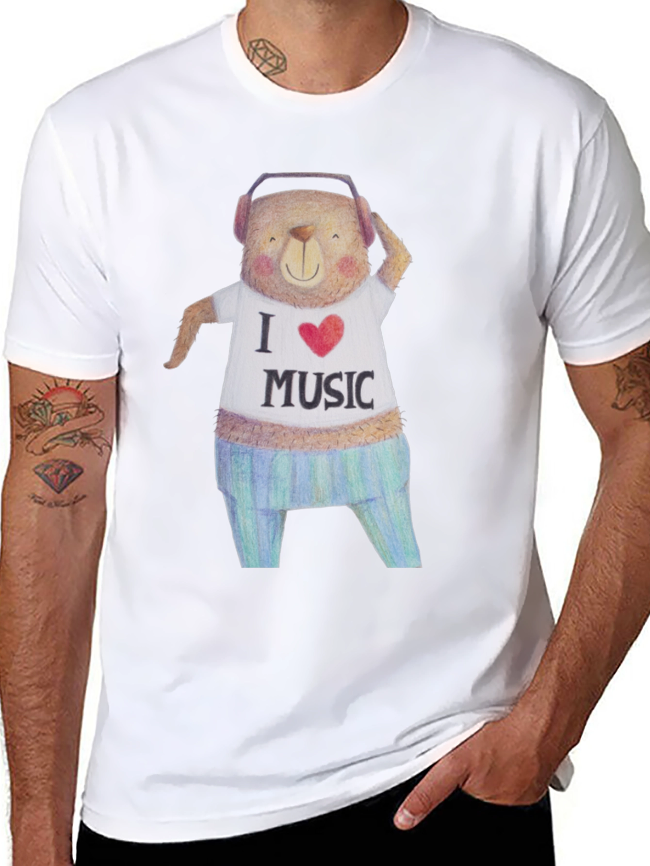 Musical Bear Graphic Tee - Black Cotton T-Shirt