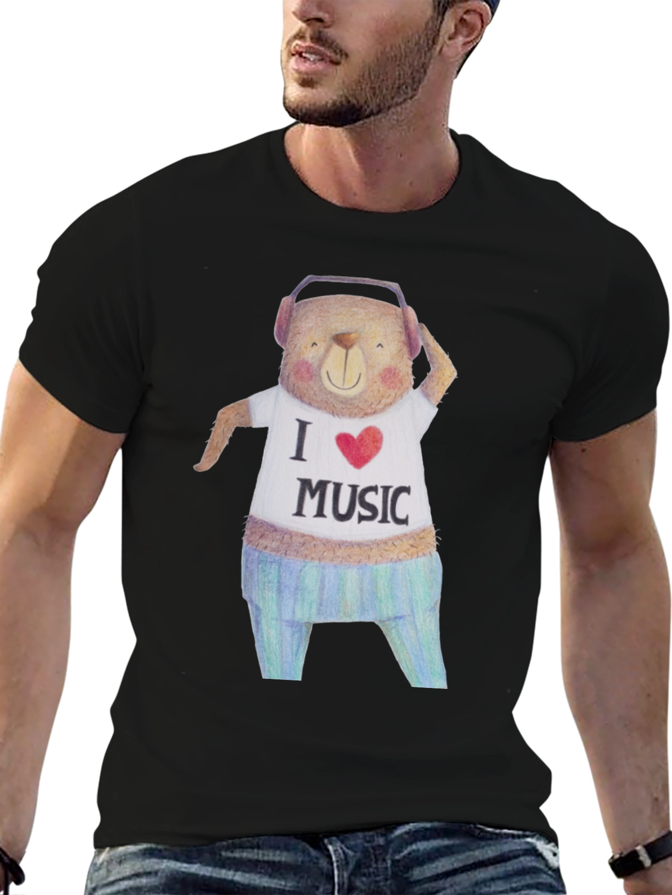 Musical Bear Graphic Tee - Black Cotton T-Shirt