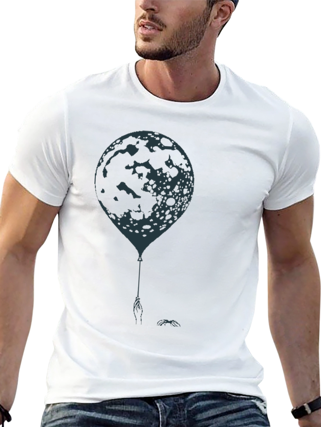 Moon Balloon Graphic Tee - Mens Black Cotton T-Shirt