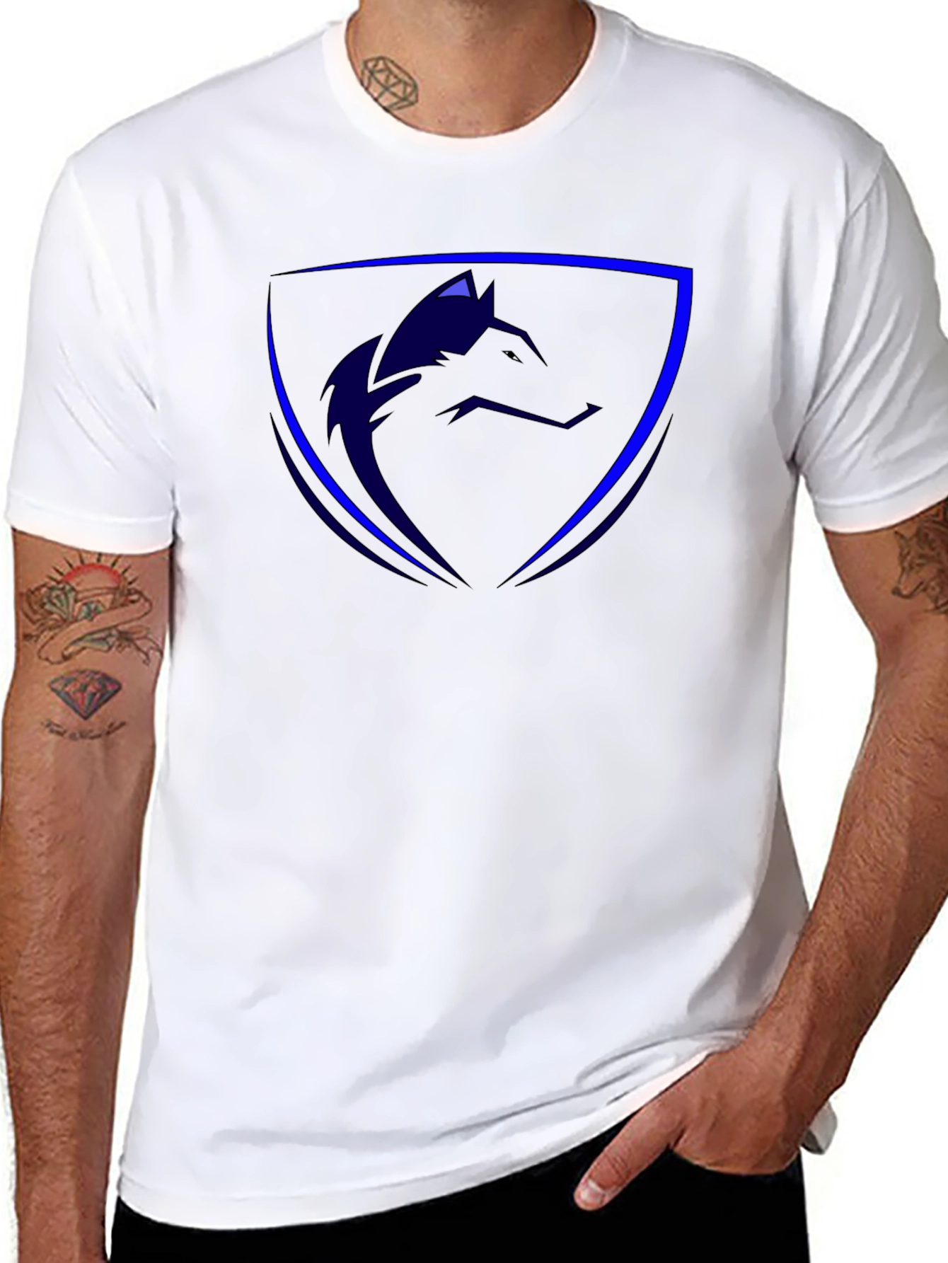 Cool Blue Wolf Shield Black T-Shirt