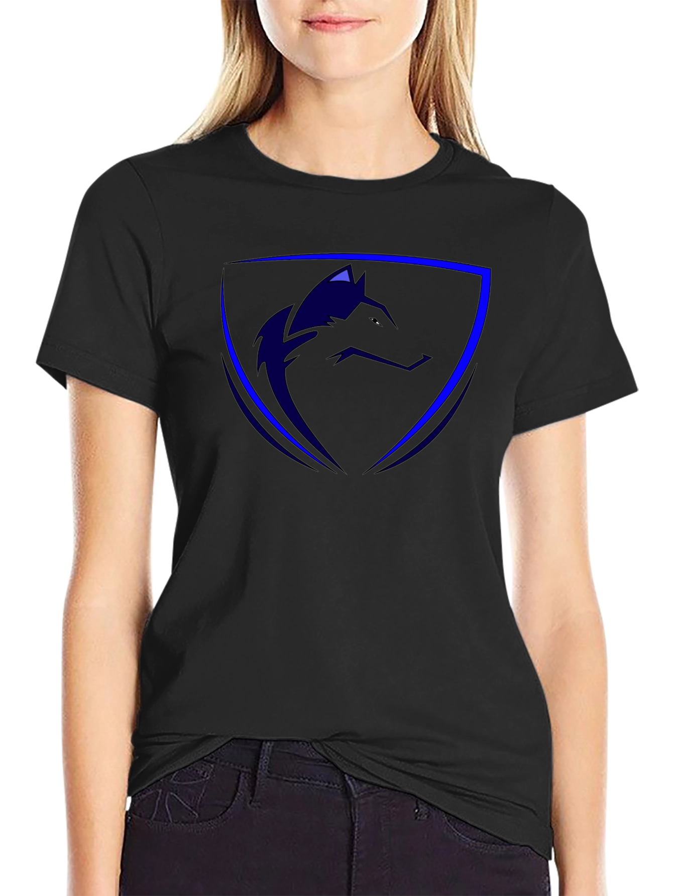 Cool Blue Wolf Shield Black T-Shirt