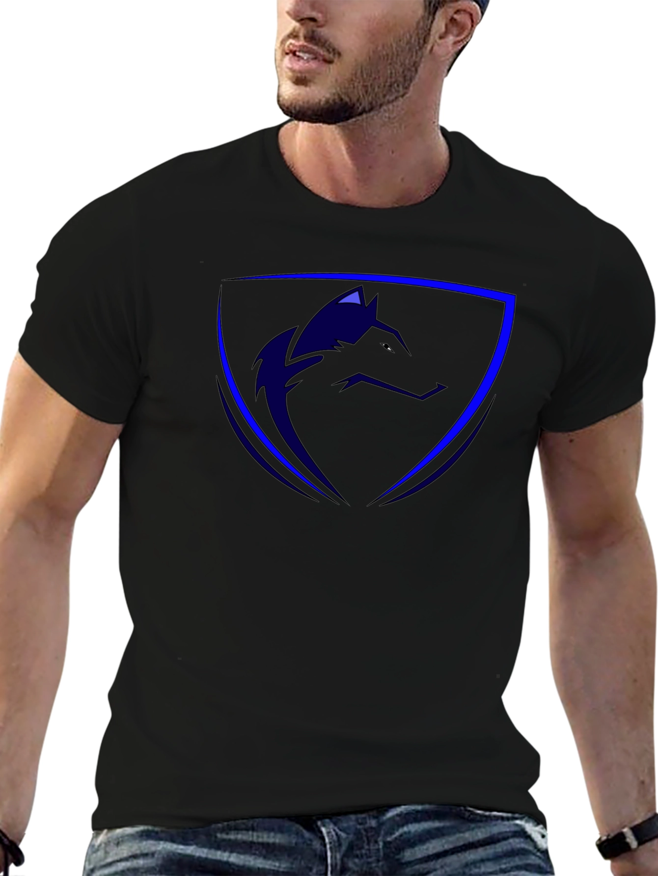 Cool Blue Wolf Shield Black T-Shirt