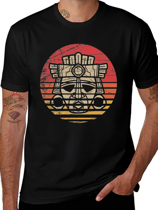 Aztec Mask Graphic Tee - Retro Sunset Style