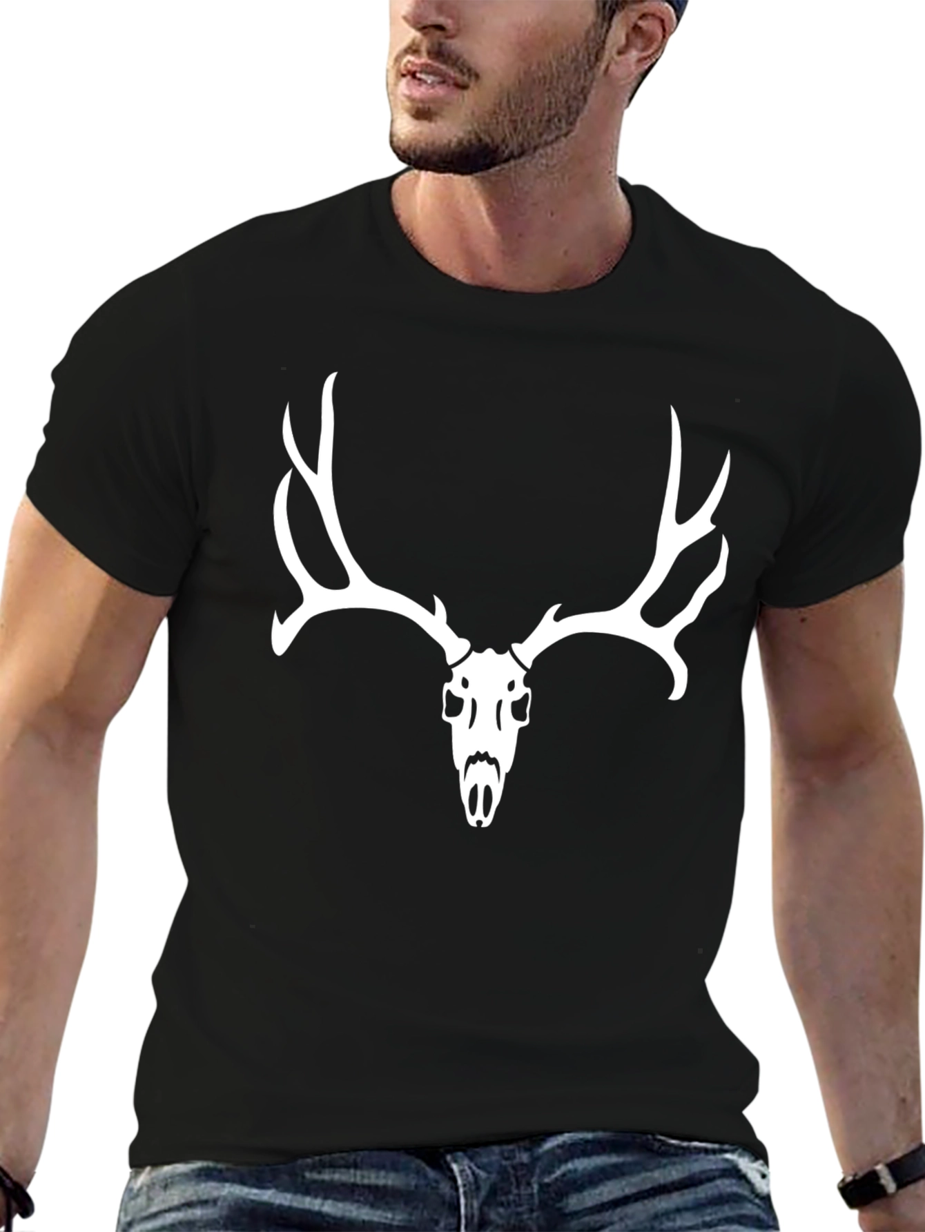 Black T-Shirt with White Deer Skull Graphic