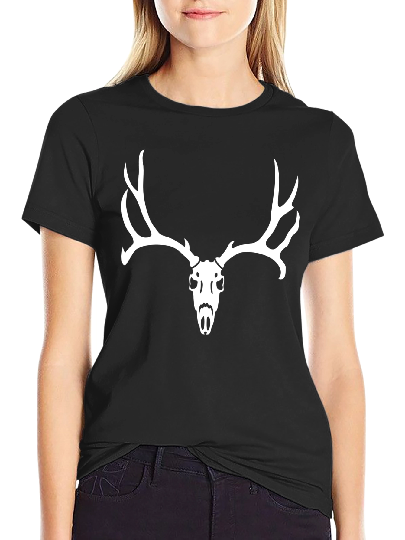 Black T-Shirt with White Deer Skull Graphic