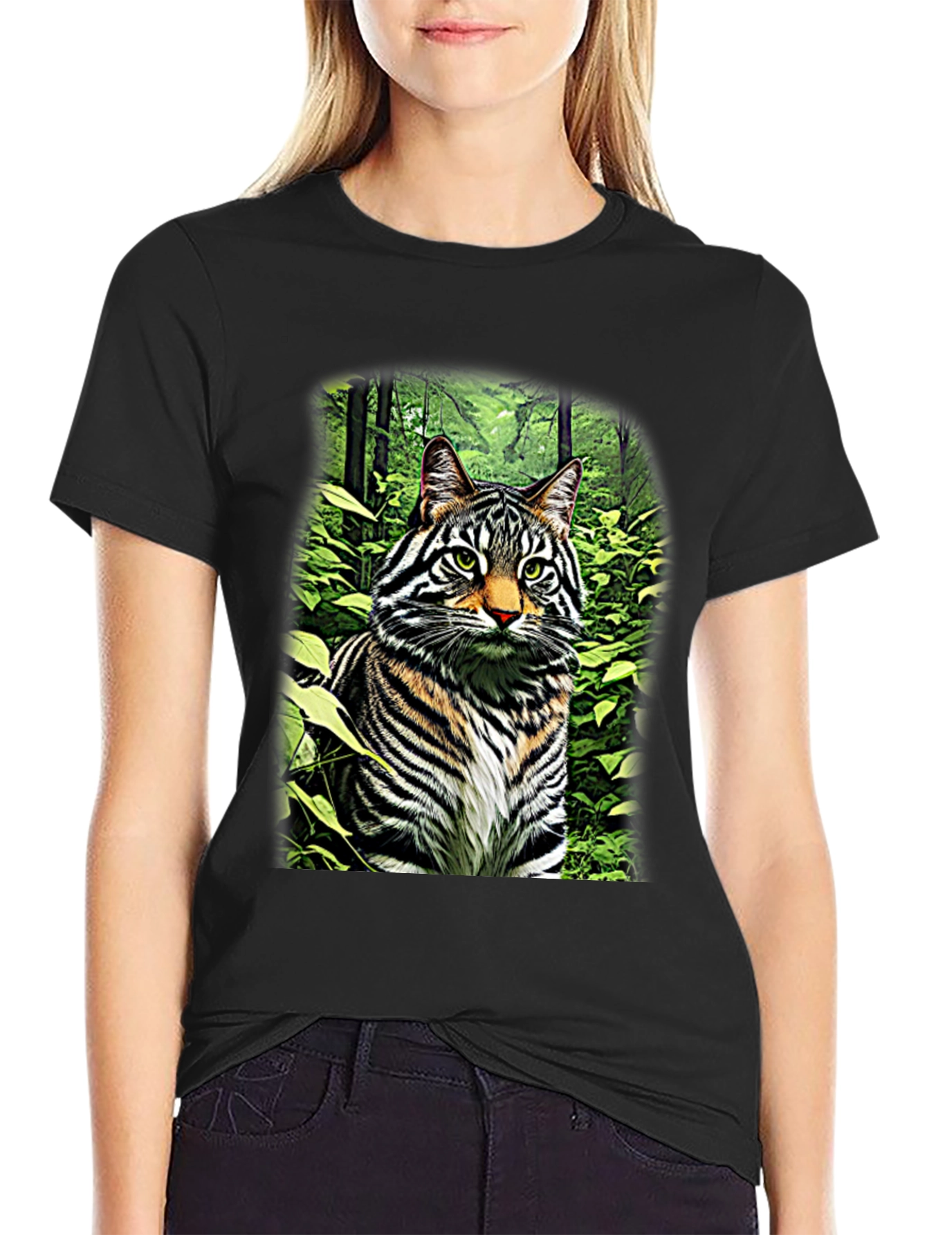 Striking Cat in Forest T-Shirt - Unique Design!