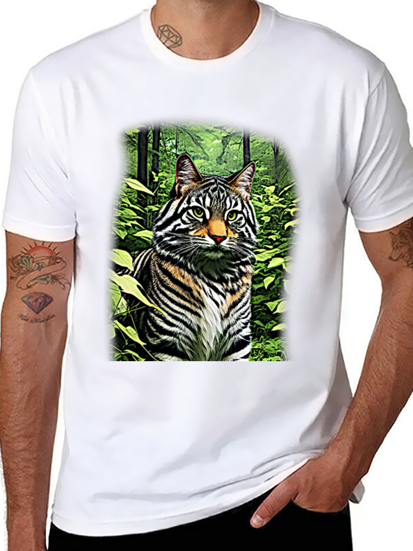 Striking Cat in Forest T-Shirt - Unique Design!