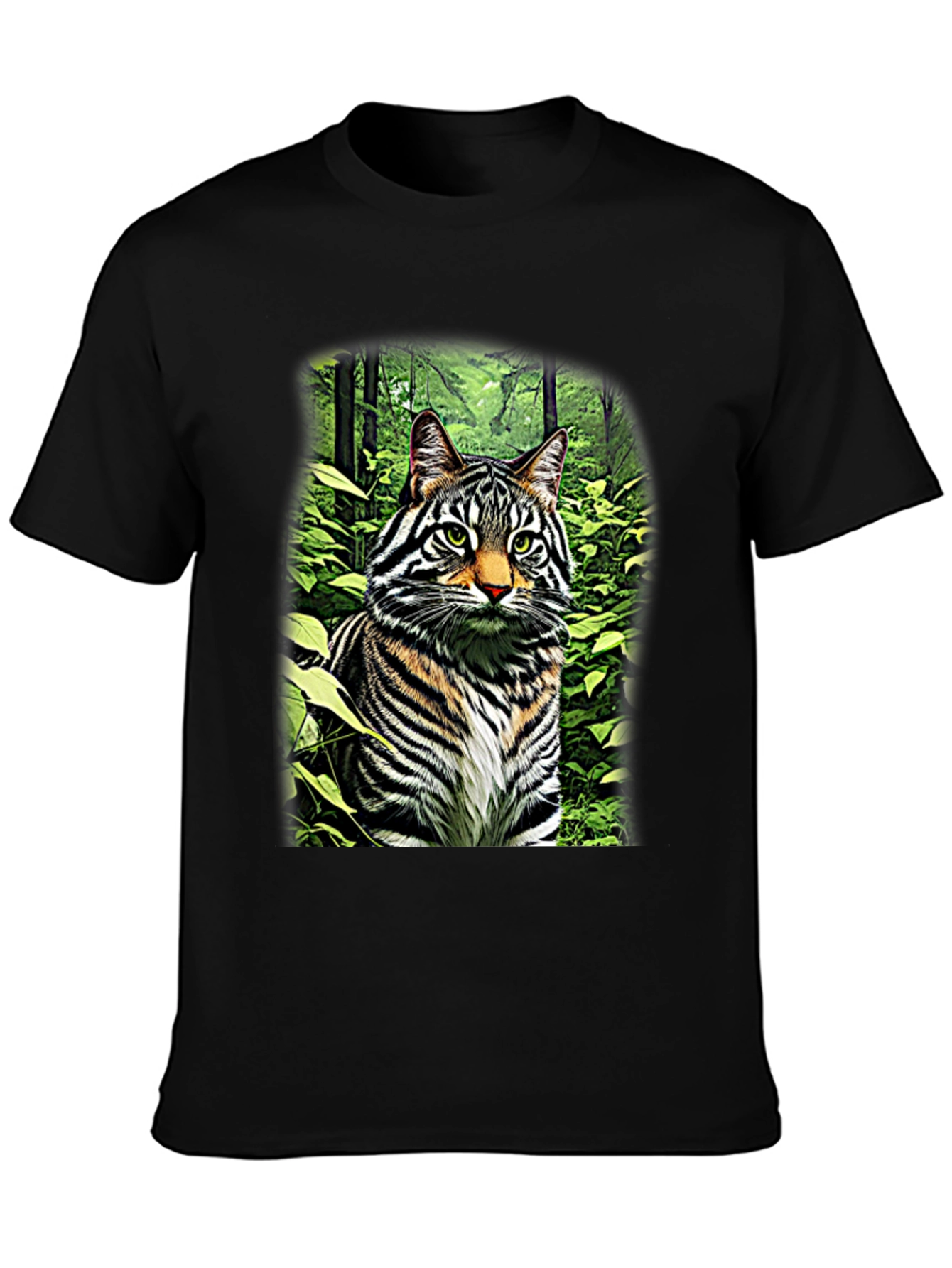 Striking Cat in Forest T-Shirt - Unique Design!