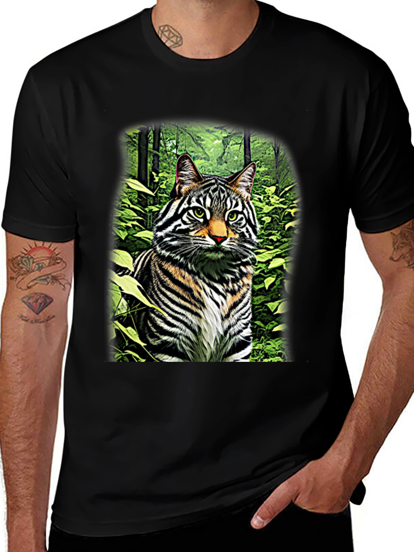 Striking Cat in Forest T-Shirt - Unique Design!